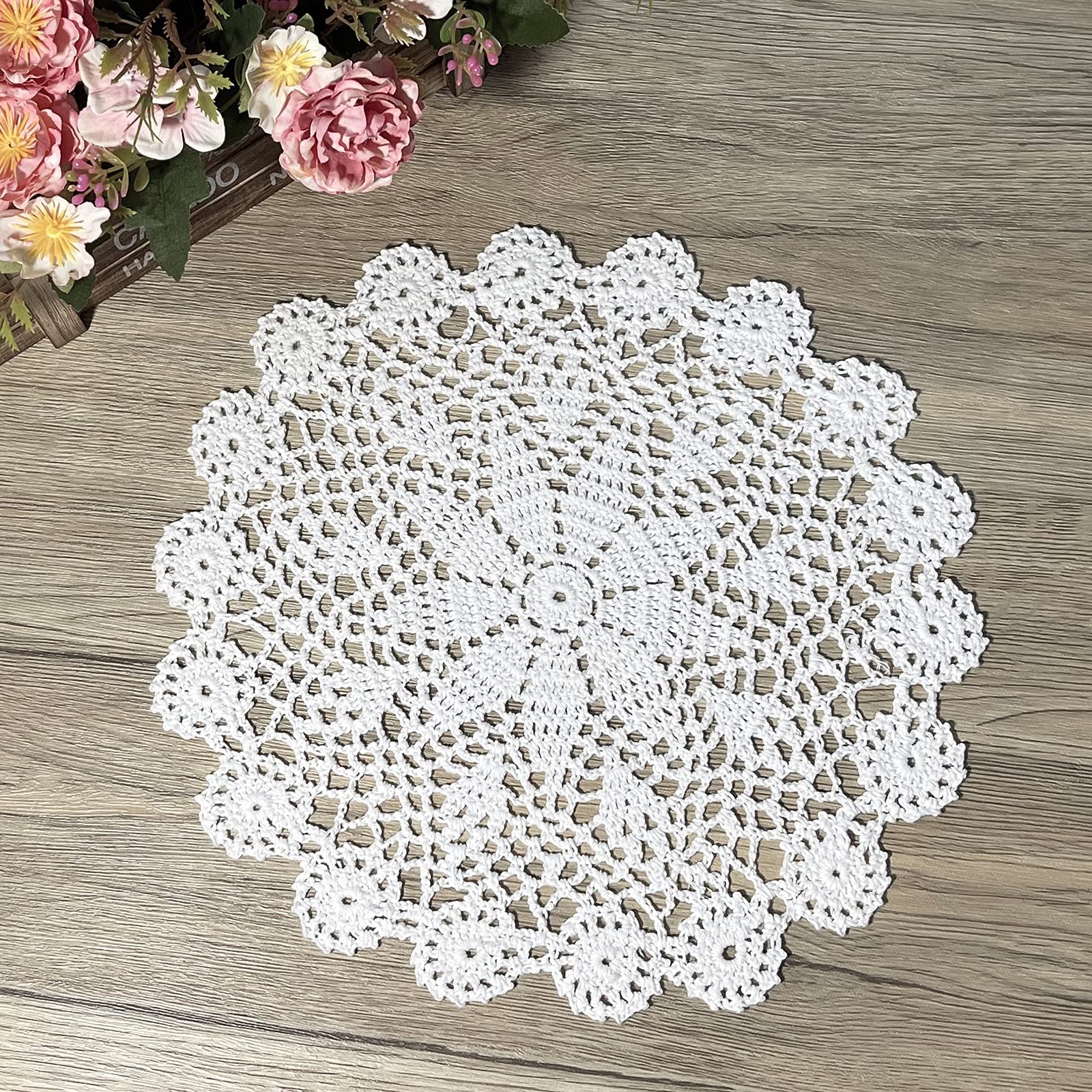 Phantomon 12 Inch Round Doilies Crochet Handmade Lace Placemats 100% Cotton Knitted Coasters, Pack Of 4 (White)
