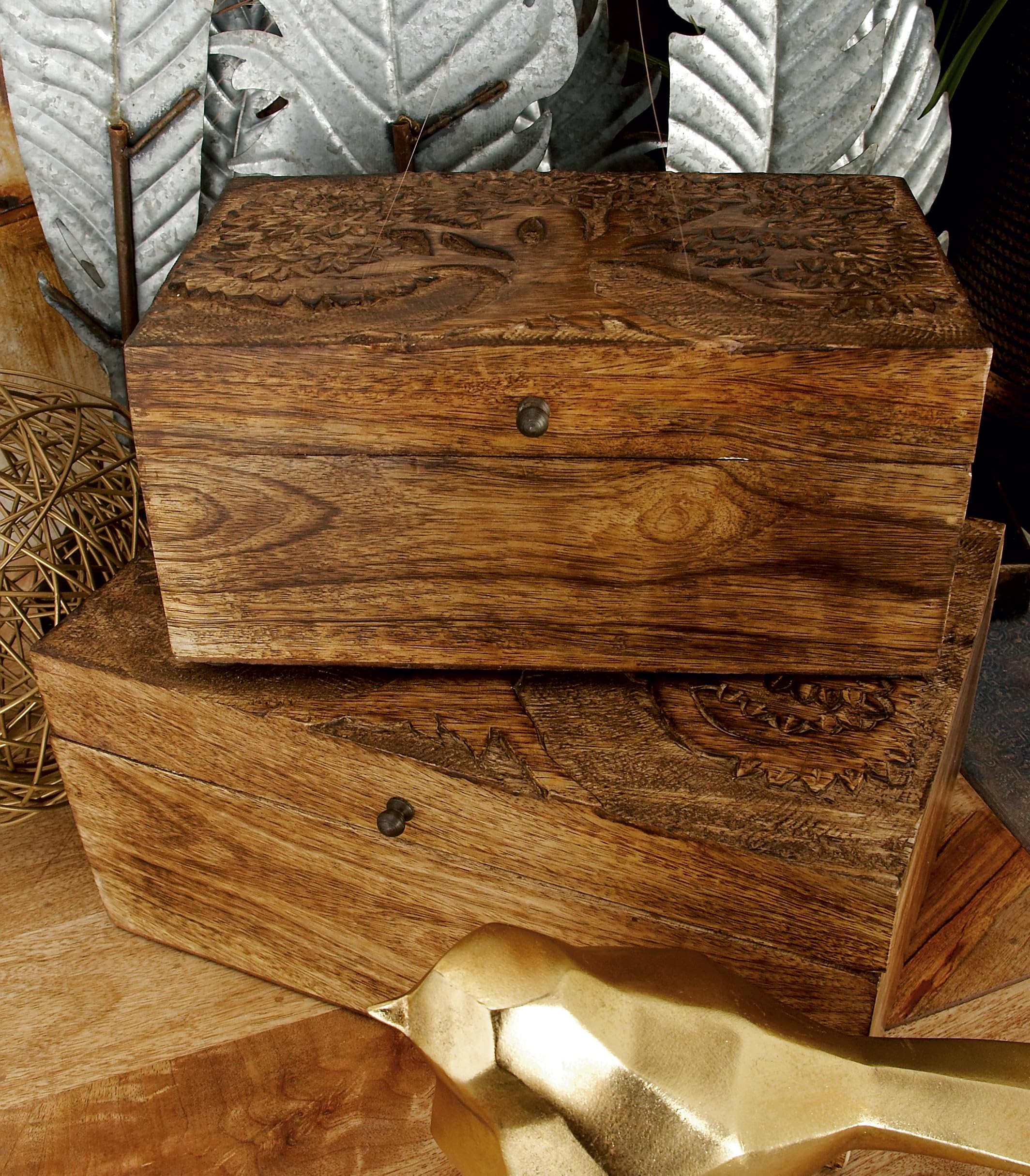 Deco 79 Mango Wood Floral Handmade Decorative Box Decorative Keepsake Boxes with Hinged Lid, Set of 3 Storage Boxes 8, 10, 12W,