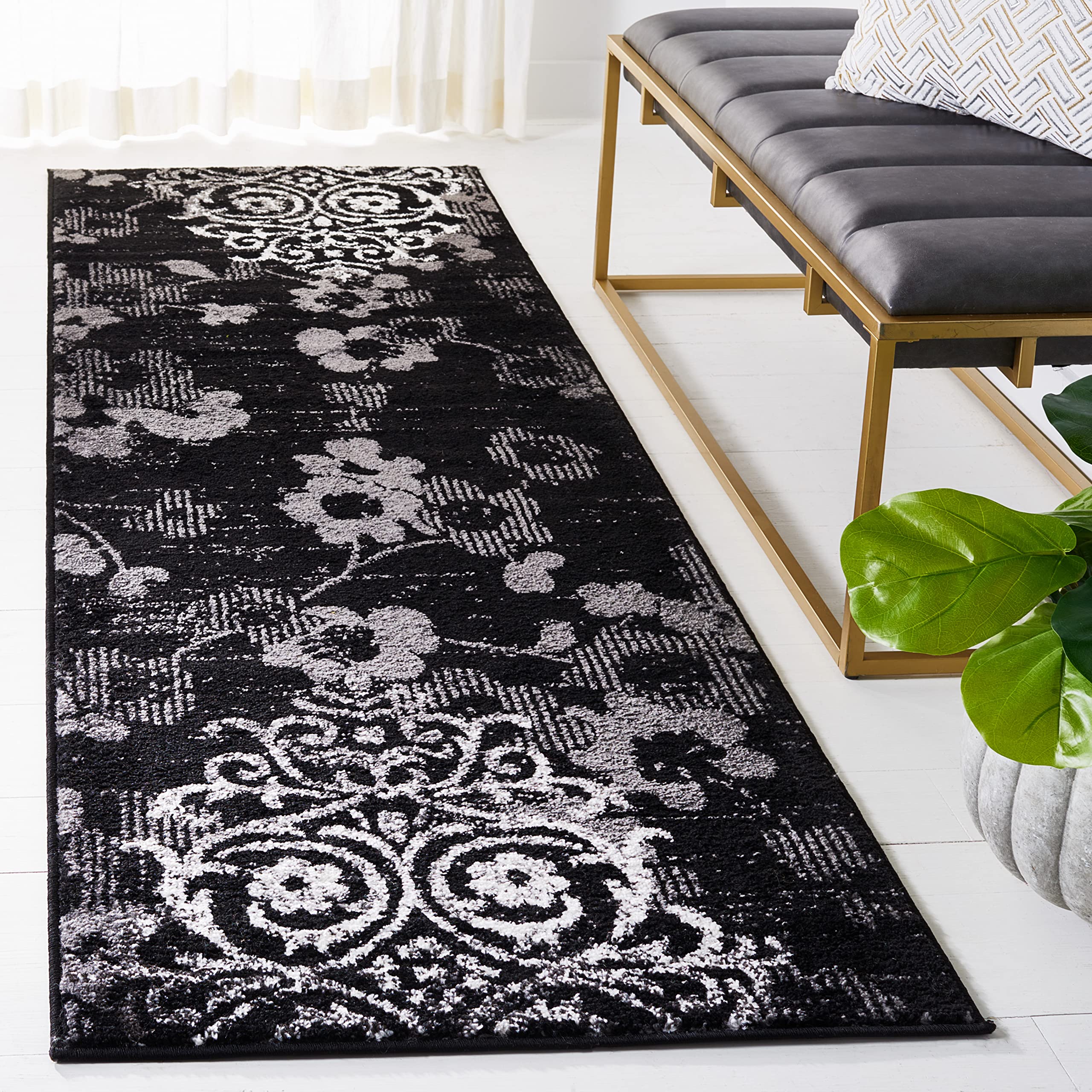 SAFAVIEH Adirondack Collection Runner Rug - 21 x 8, Black & Silver, Floral Glam Damask Distressed Design, Non-Shedding & Easy 