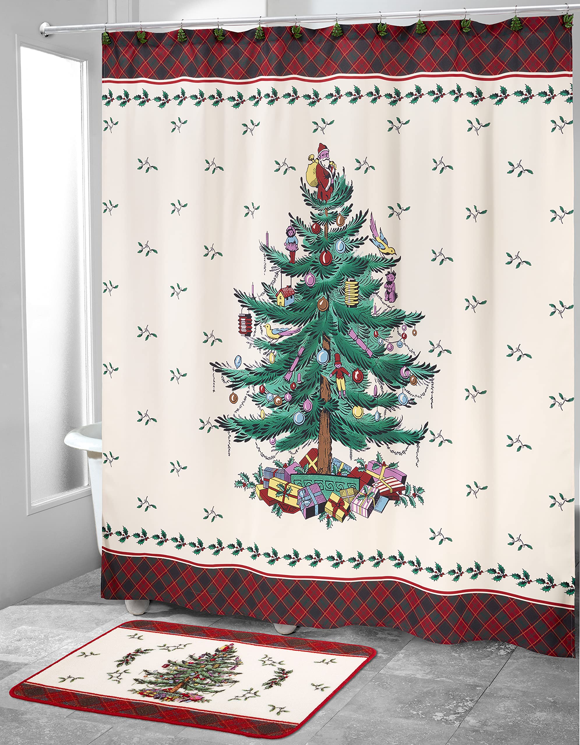 Spode - Bath Mat, Cotton Bath Rug, Holiday Bathroom Decor Christmas Tree Tartan Collection
