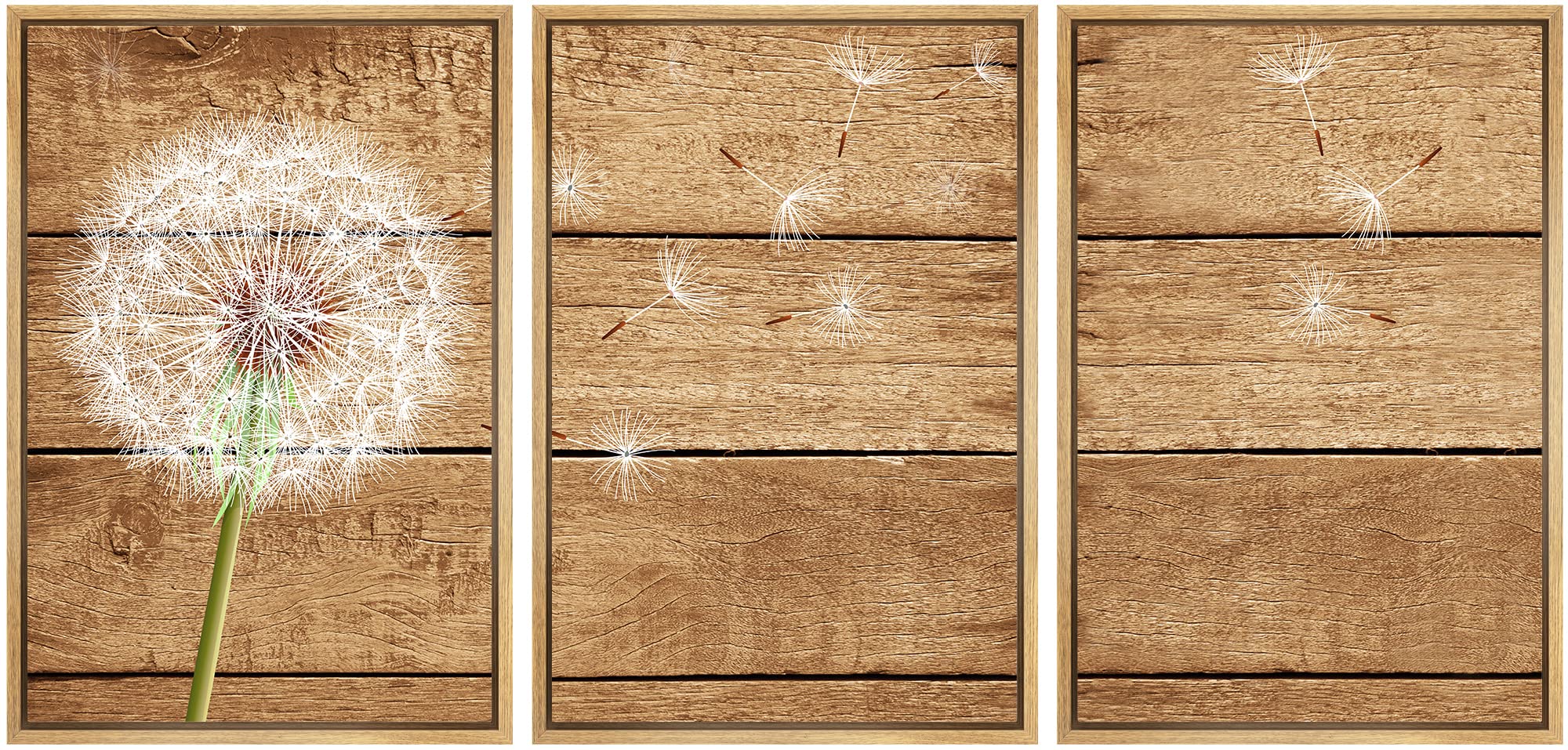 Signwin Framed Canvas Print Wall Art Set Windy White Summer Dandelion Flower Nature Wilderness Wood Panels Modern Art Rustic Sce