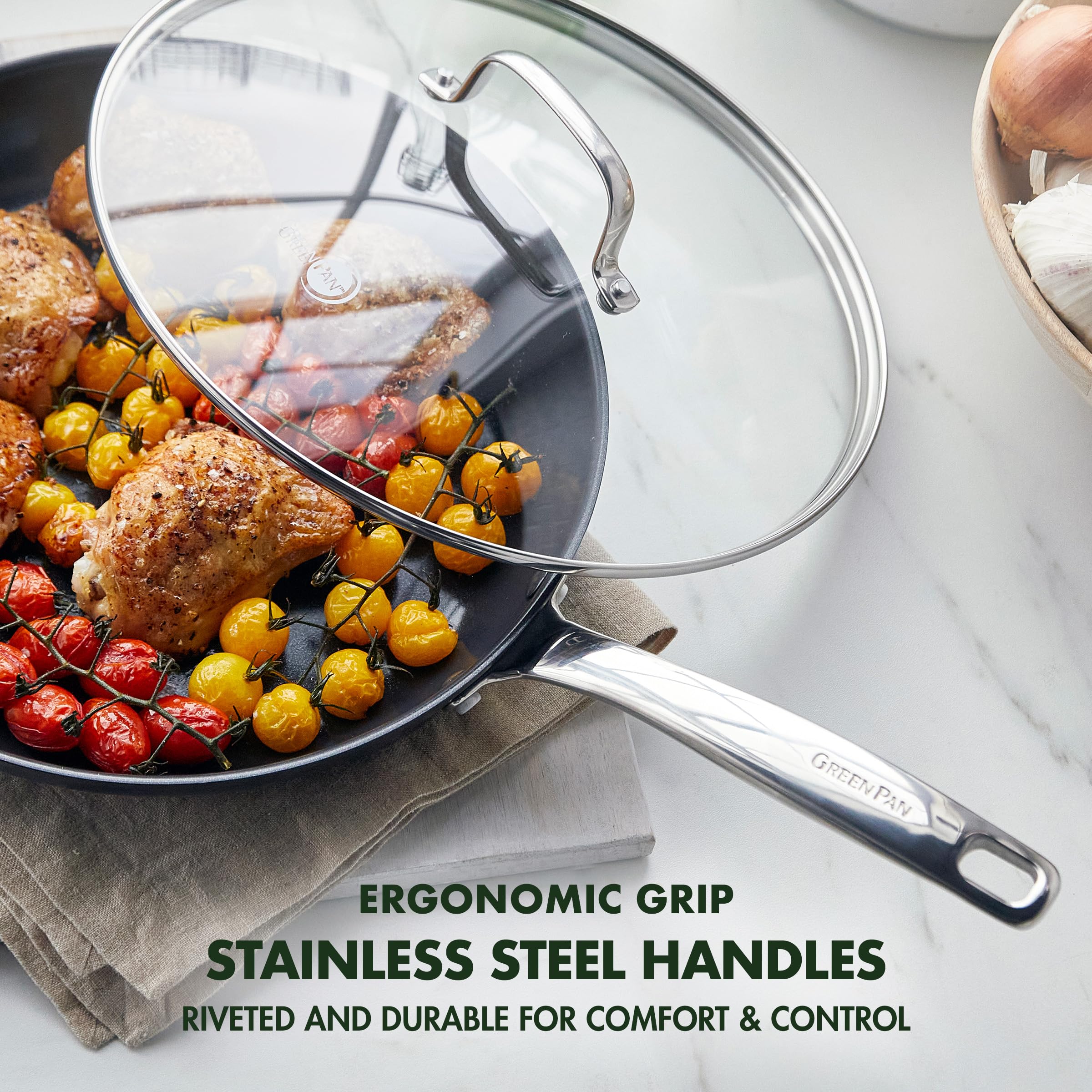 Greenpan Chatham Black Prime Midnight Hard Anodized Healthy Ceramic Nonstick, 12'' Frying Pan Skillet With Lid, Pfas-Free, Dishw