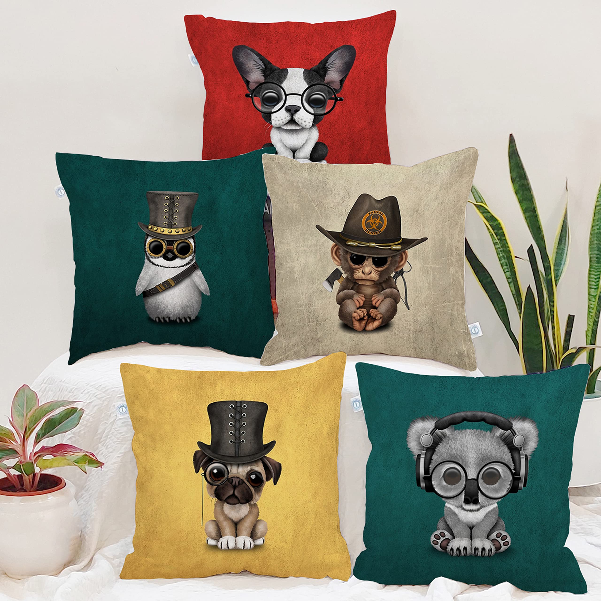 Stitchnest Set Of 5 Funky Friends Collection Printed Jute Cushion Covers 12X12 Inches | Decorative Throw Pillow Covers For Sofa,