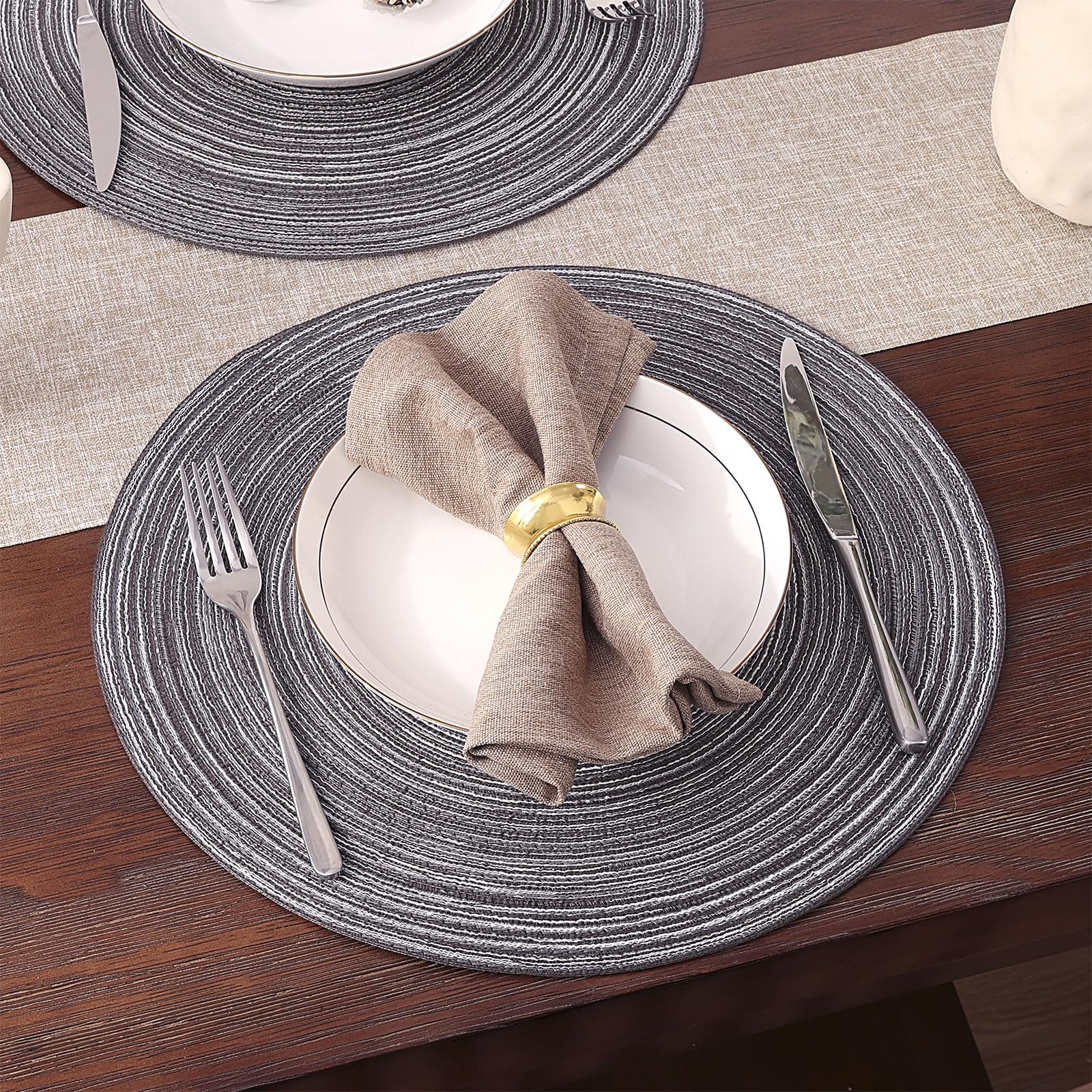 Shacos Round Braided Placemats Set Of 8 Round Table Mats For Dining Tables (Black Grey, 8)