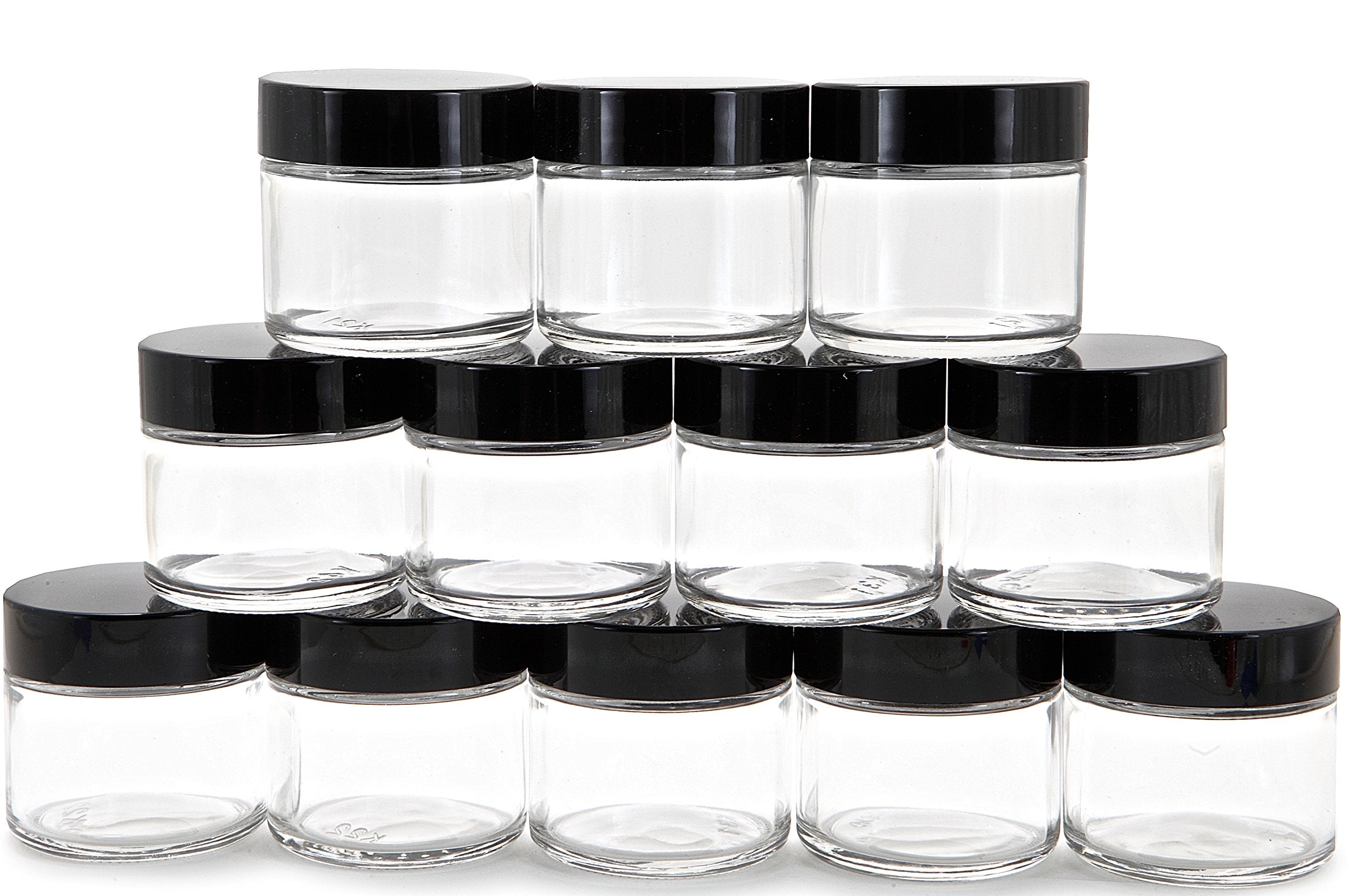 Vivaplex, 12, Clear, 2 Oz, Round Glass Jars, With Inner Liners And Black Lids