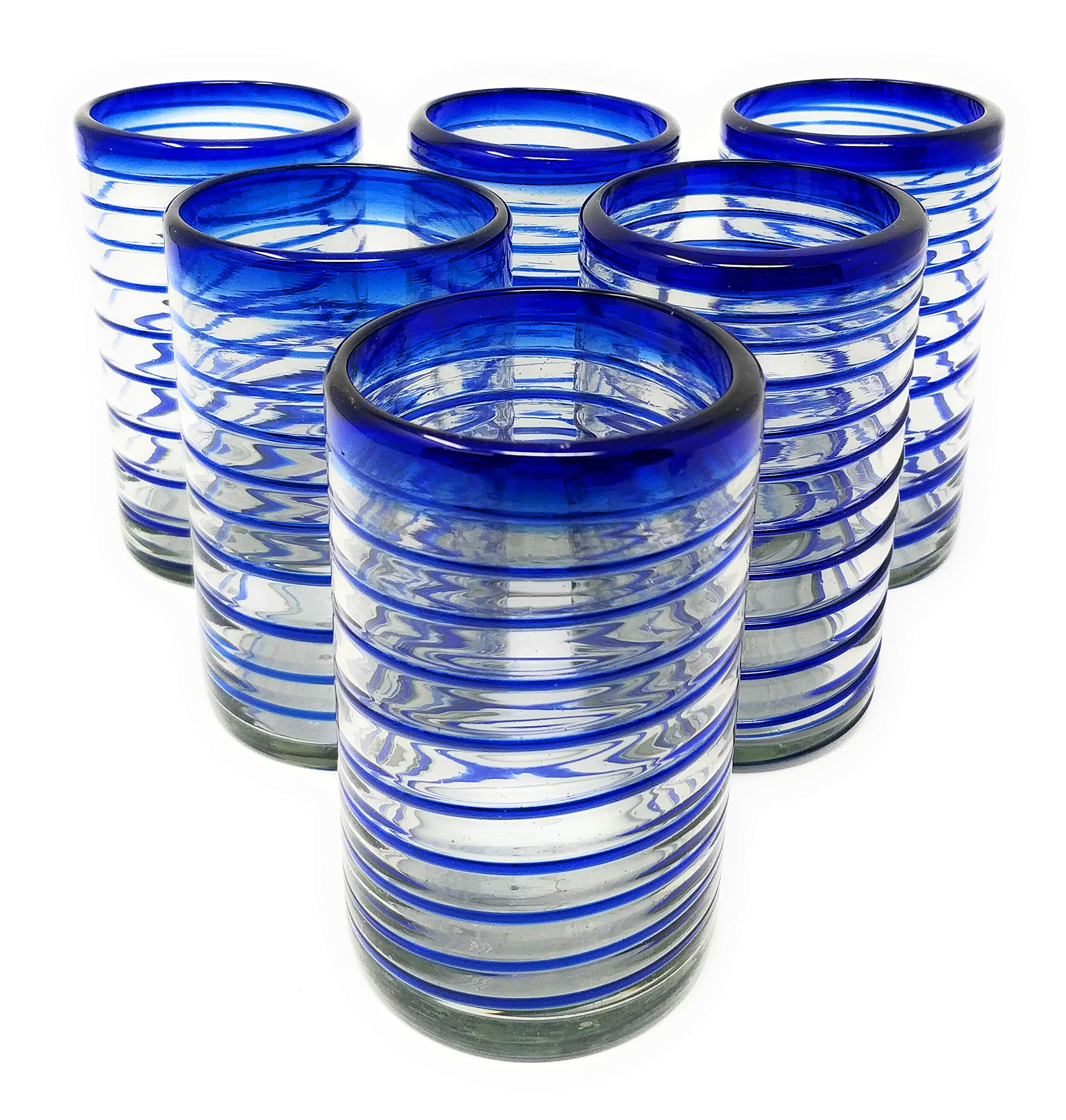 Hand Blown Mexican Drinking Glasses - Set of 6 Glasses with Cobalt Blue Spiral Design (14 oz each)