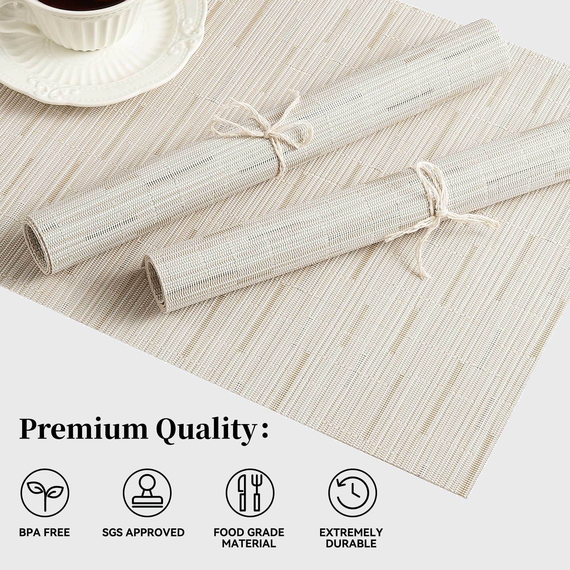 Leetaltree Pale Beige Placemats Set Of 8 - Heat Resistant Non-Slip Place Mats For Dining Table, Washable Durable Pvc Vinyl Woven