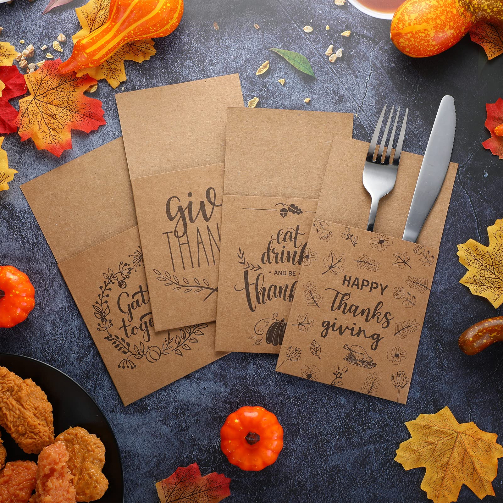 Zhehao 60 Pcs Thanksgiving Cutlery Holder Set Thanksgiving Turkey Utensil Holder Party Utensil Holder Pockets For Autumn Fall Ha