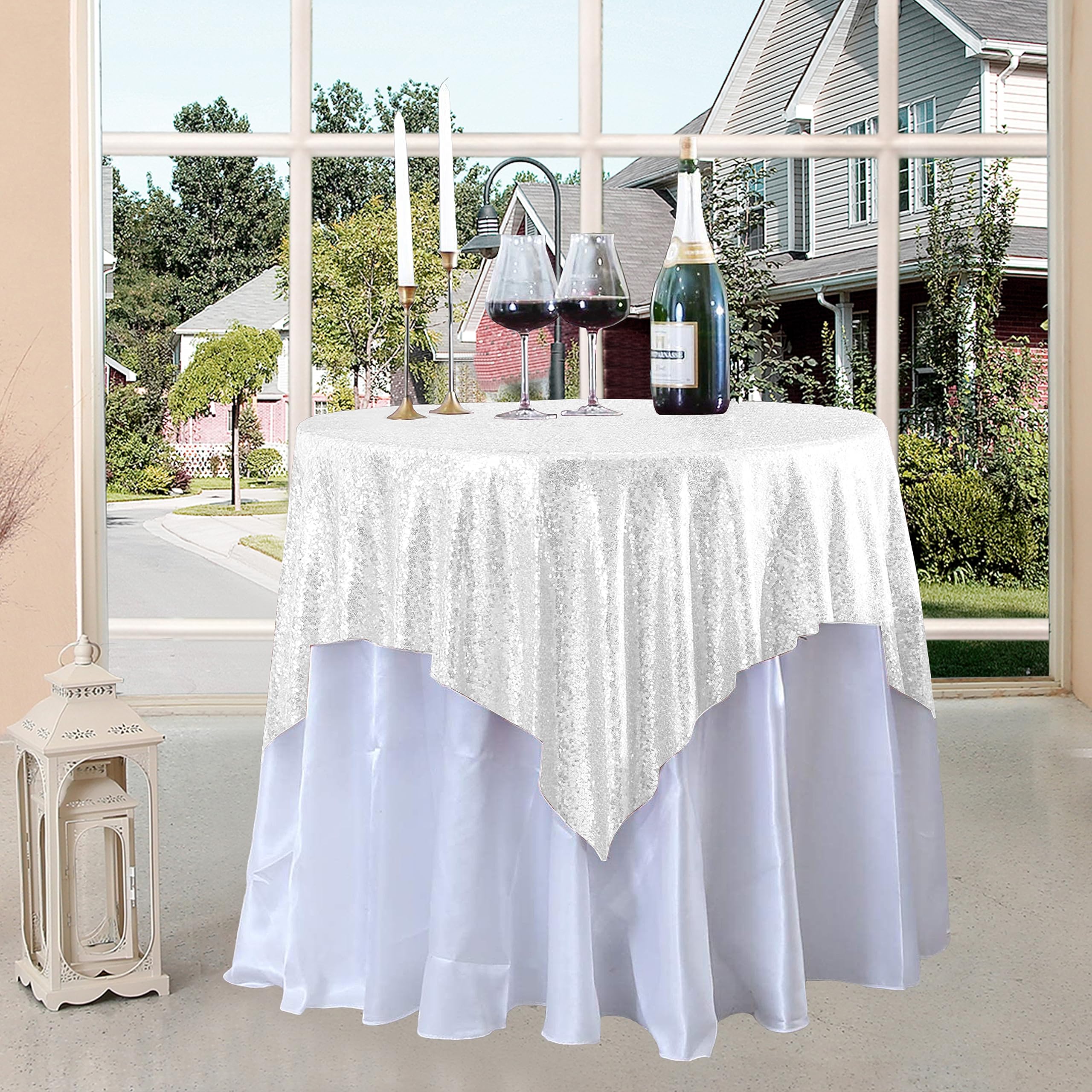 Sequin Tablecloth Square White 50X50 inch Glittering Shimmer Tablecloth for Wedding Baby Shower Birthday Party Dinners Sparkly T