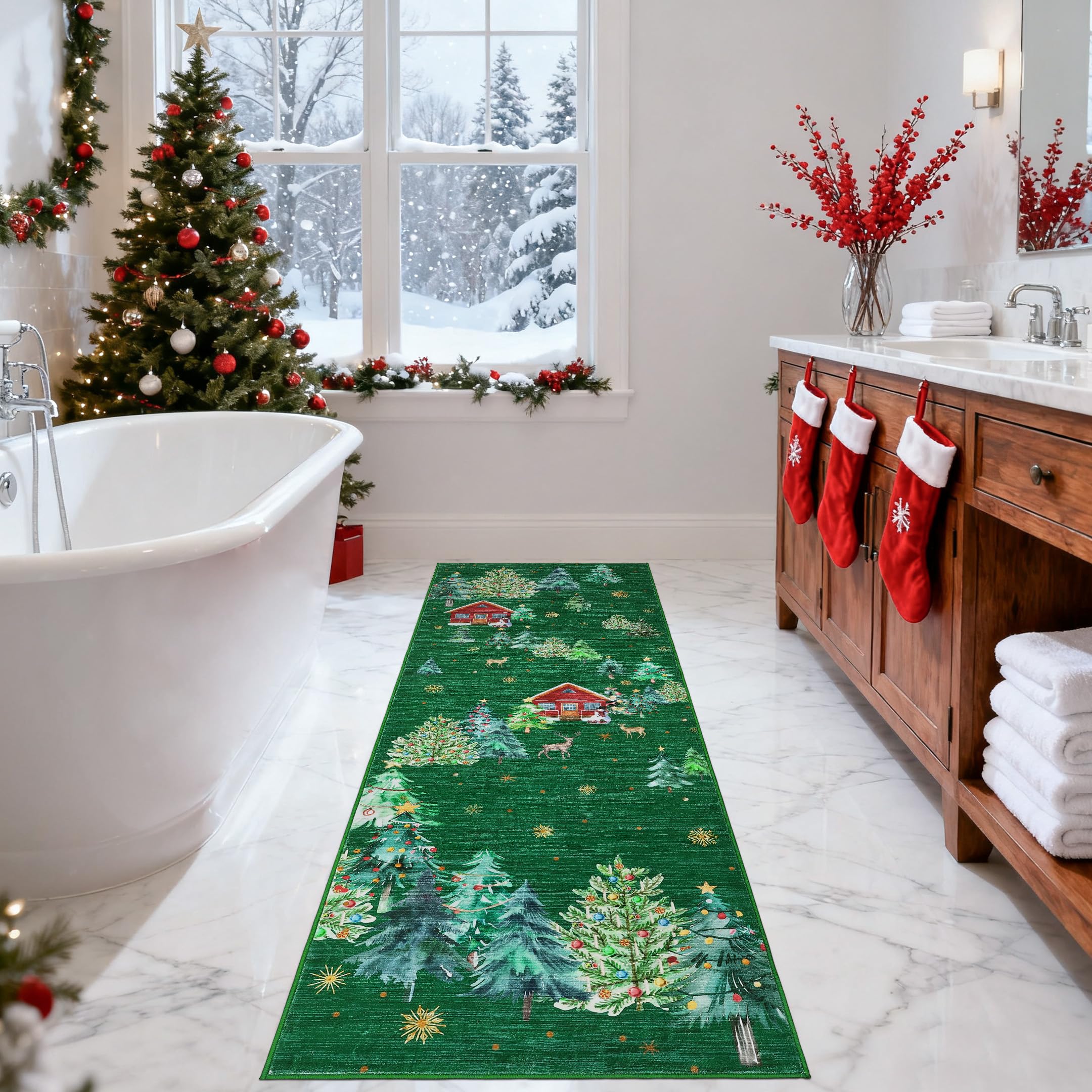 GarveeHome Christmas Washable Runner Rug 2x8 Kitchen Rugs Non Slip Bath Rugs Low Pile Entryway Rug Xmas Tree Foldable Stain Resi