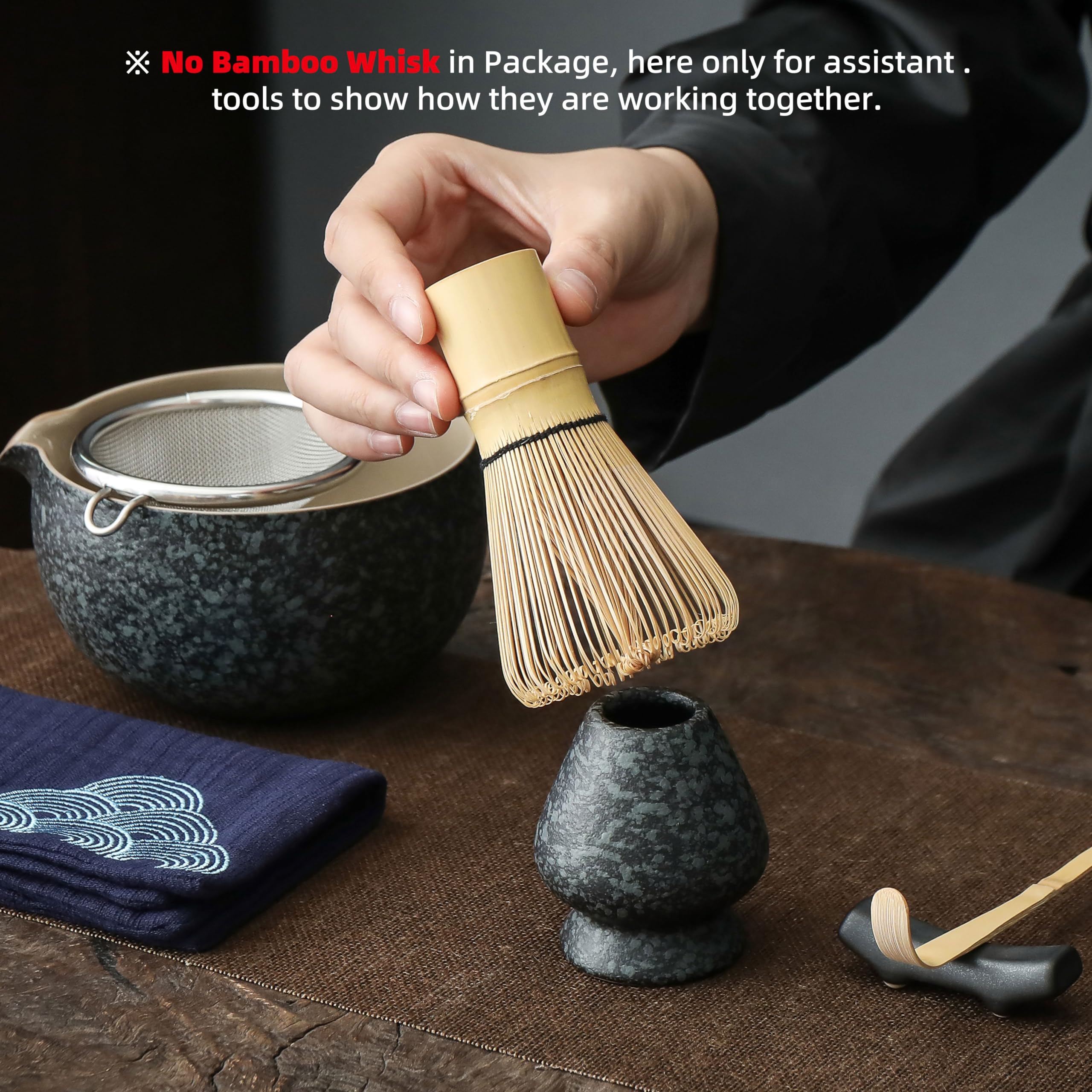 Teanagoo Japanese Natural Rock Texture Matcha Chawan With Whisk Rest, 18 Oz. K17, Rocky-Black/Grey, Matcha Tea Bowl, Ceramic Bow