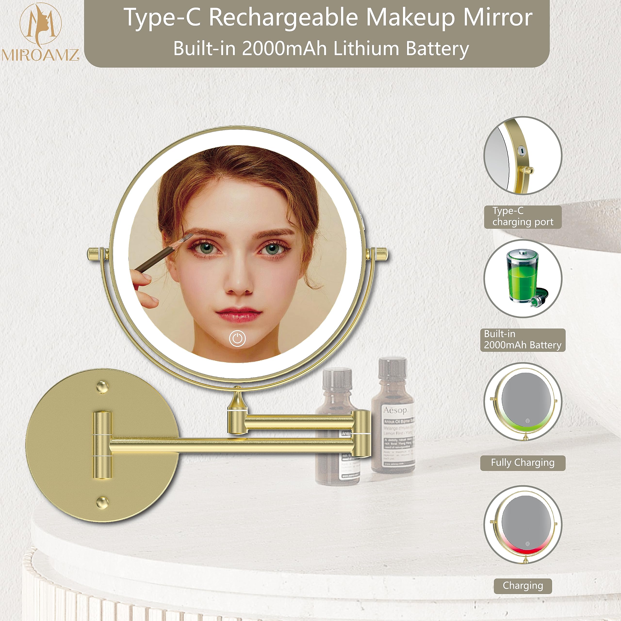 Miroamz Rechargeable Wall Mounted Lighted Makeup Vanity Mirror 9 Inch Double Sided 1X 10X Magnifying Bathroom Mirror, 3 Color Li
