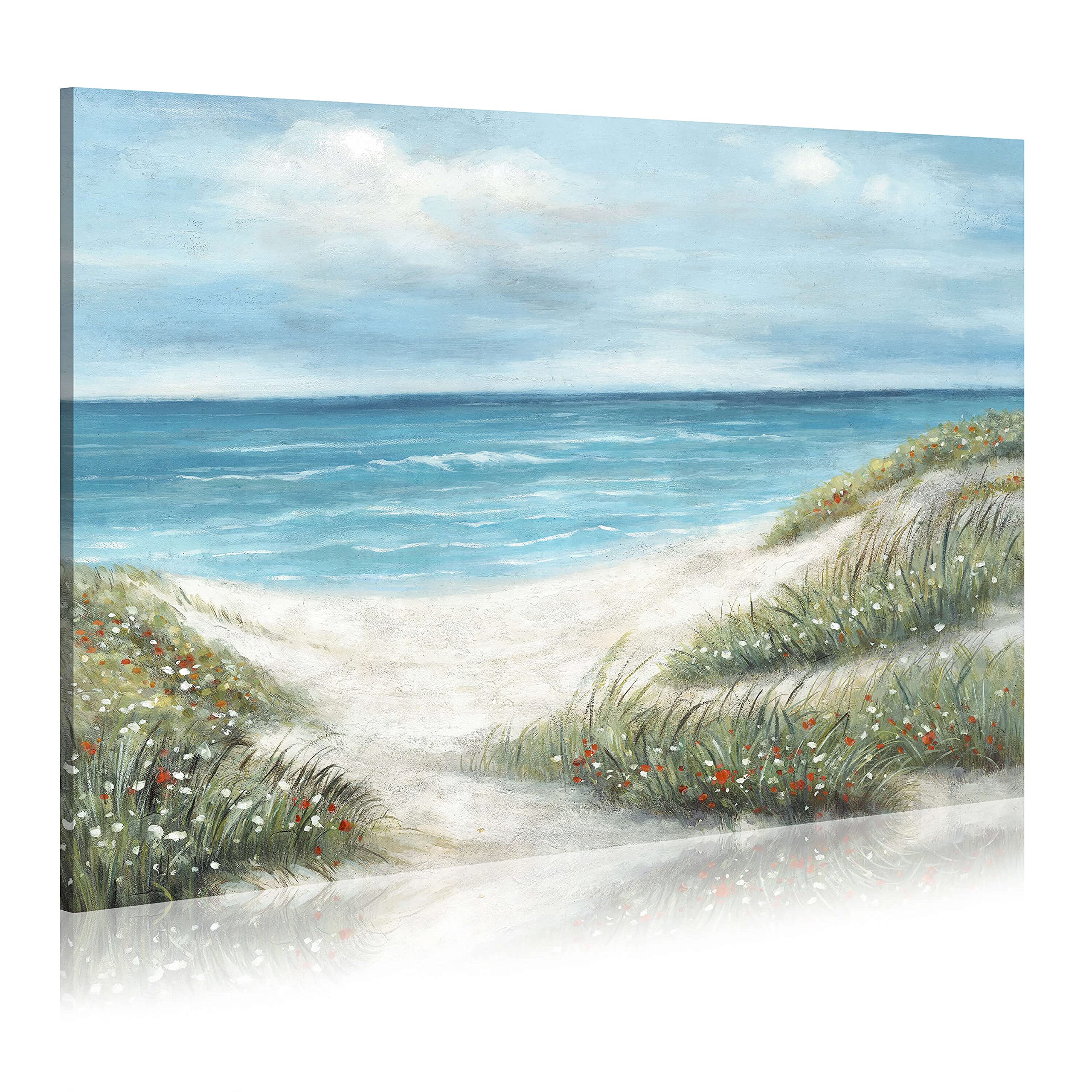 Wallsup Decor Canvas Wall Art Beach Scenes - Coastal Picture Print Artwork With Hand Painted Textured On Seaside Grass And Ocean