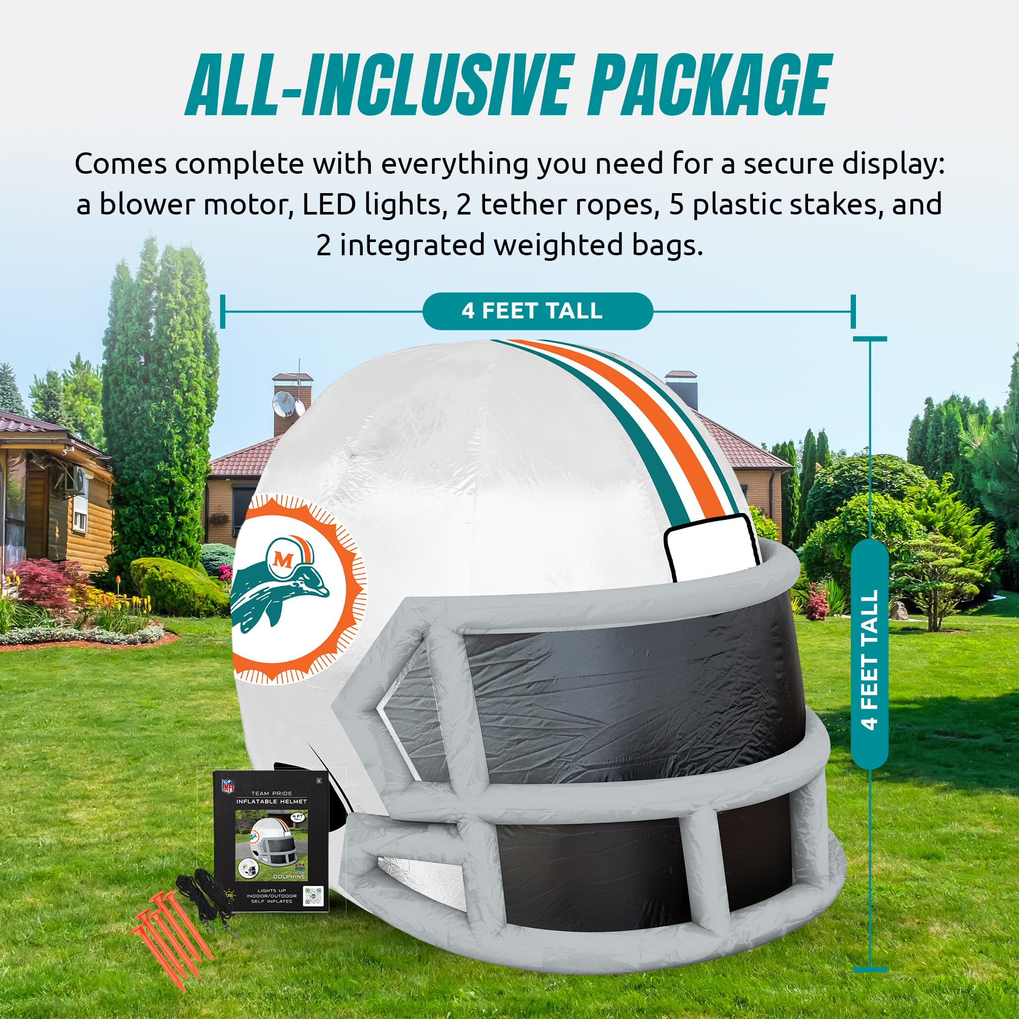 Sporticulture NFL Miami Dolphins 4ft Inflatable Retro Helmet with LED Lights & Built-in Blower - Merchandise Decor Ideal for Law