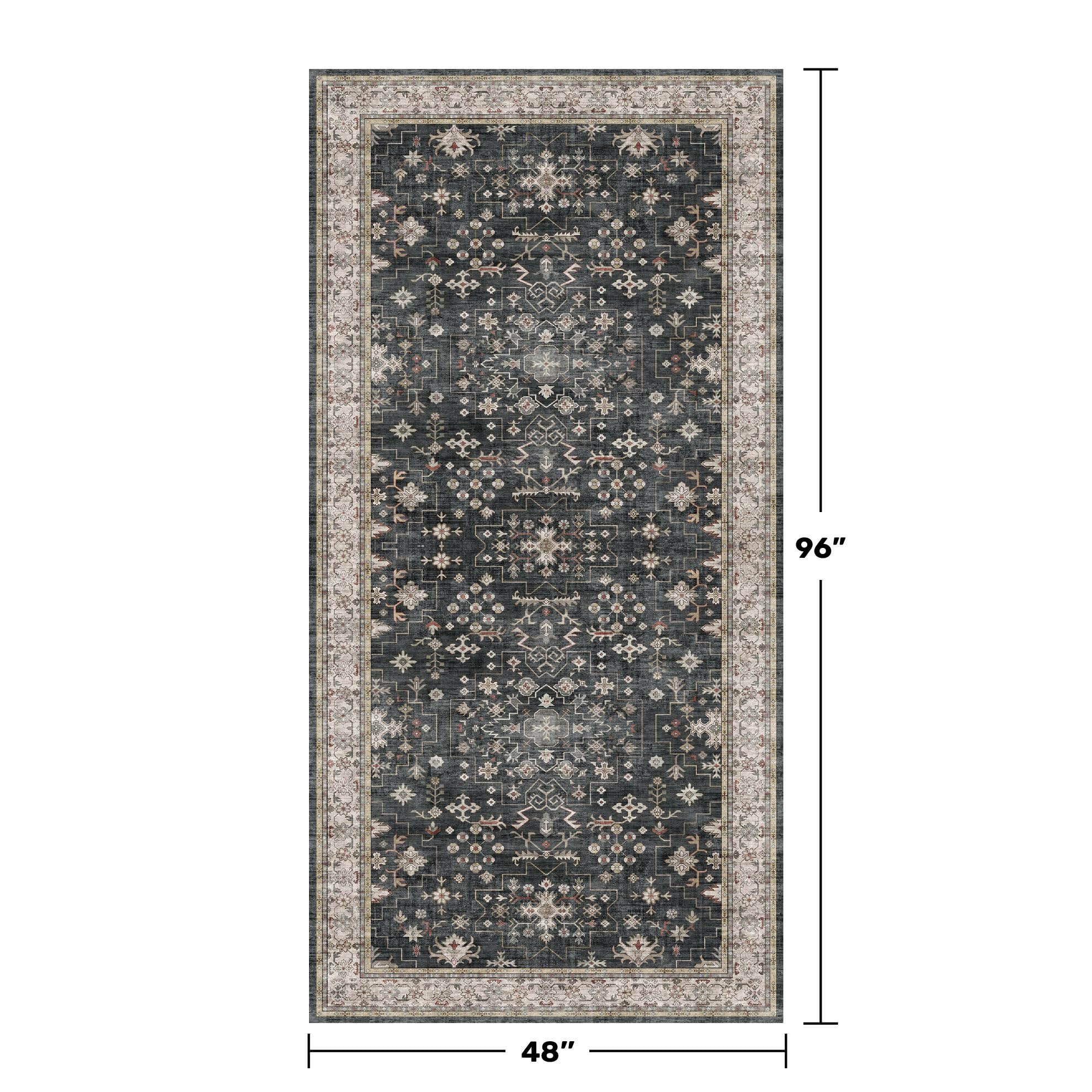 Washable 4x8 Hallway Runner Rug, Black Vintage 8ft Soft Runners for Entry Kitchen Non Slip Low Pile Thin Carpet for Living Room