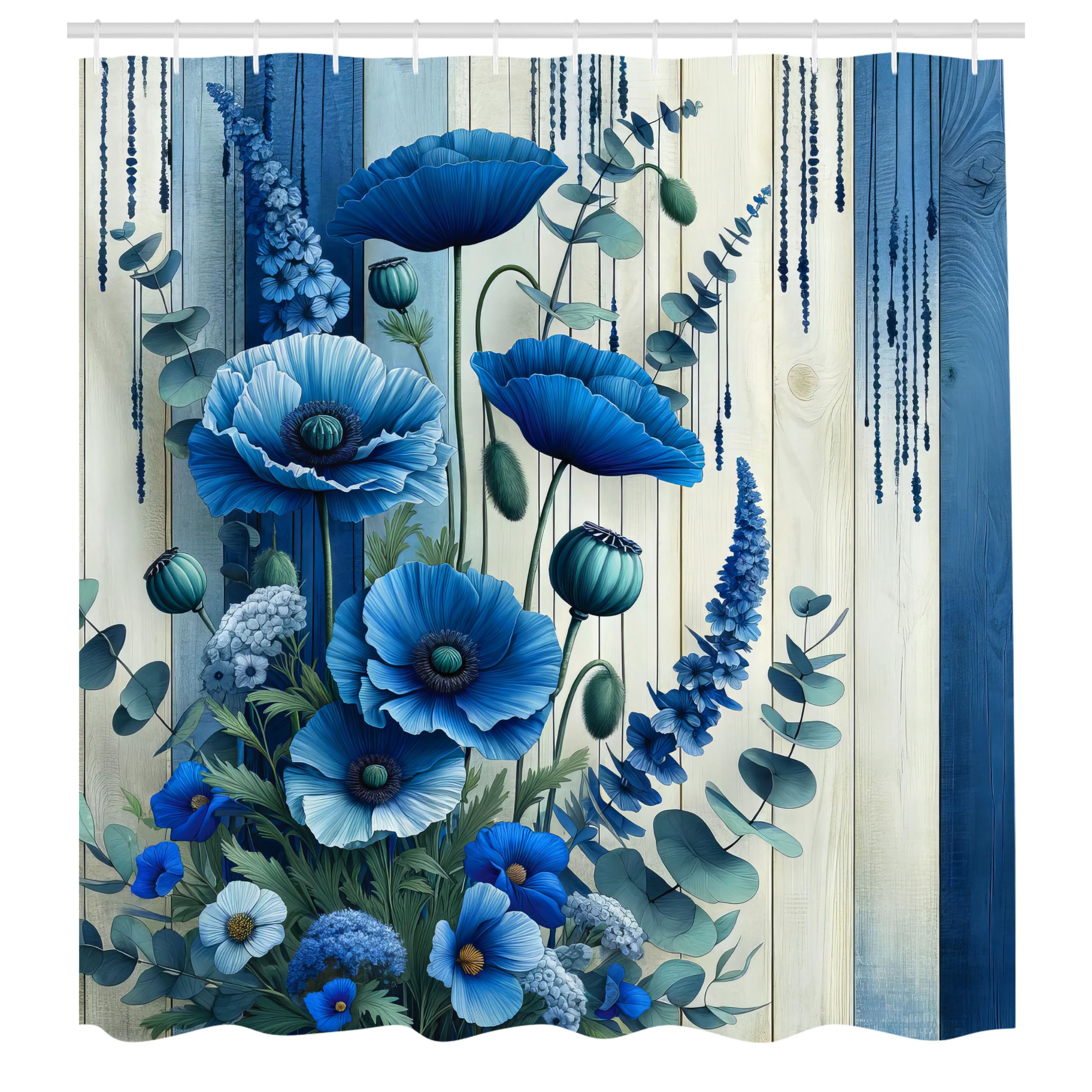 Ambesonne Blue Shower Curtain, Poppy Flowers Meadow Bouquet On Rustic Grunge Look Wooden Plank Back, Cloth Fabric Bathroom Decor