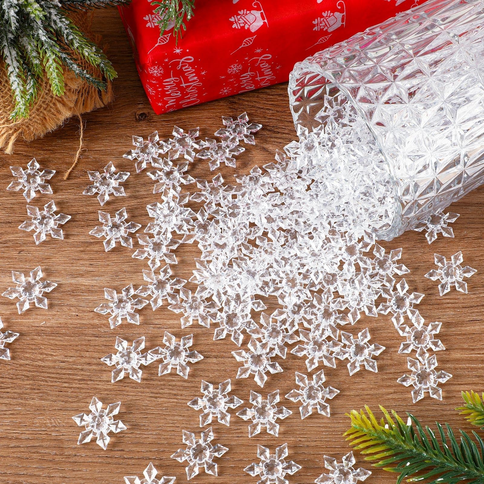 BOARDFEB 240Pcs Winter Acrylic Snowflake Ornaments, 3D Translucent Snowflake Crystals Gems Christmas Xmas Pendant Beads DIY Craf