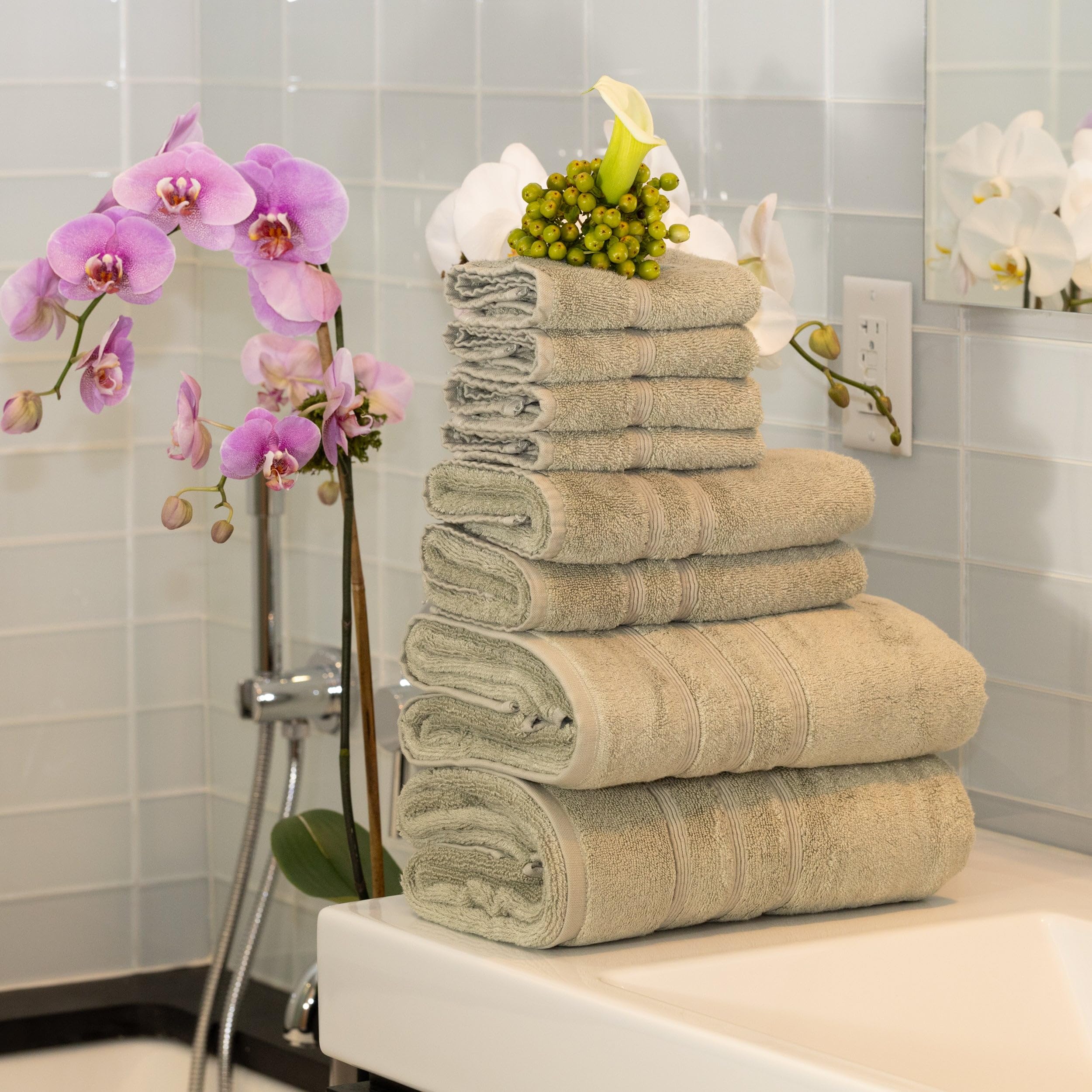 Mosobam Luxury Turkish 8Pc Towel Set 30X58 16X30 13X13 Seagrass Green 700 Gsm Bamboo Viscose & Aegean Turkish Combed Cotton