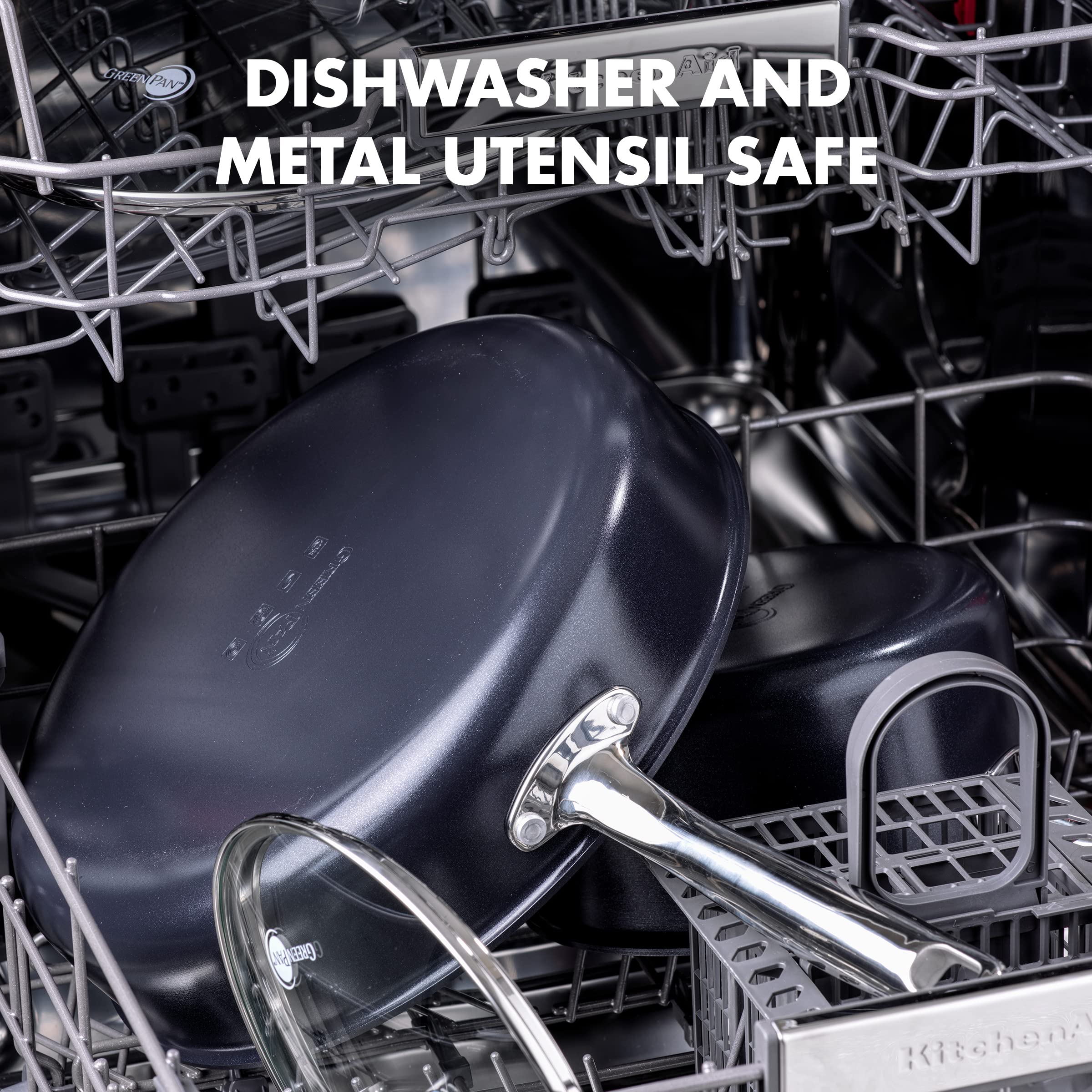 Greenpan Chatham Prime Midnight Hard Anodized Healthy Ceramic Nonstick, 5 Piece Cookware Pots And Pans Set, Mixed Cooking Utensi