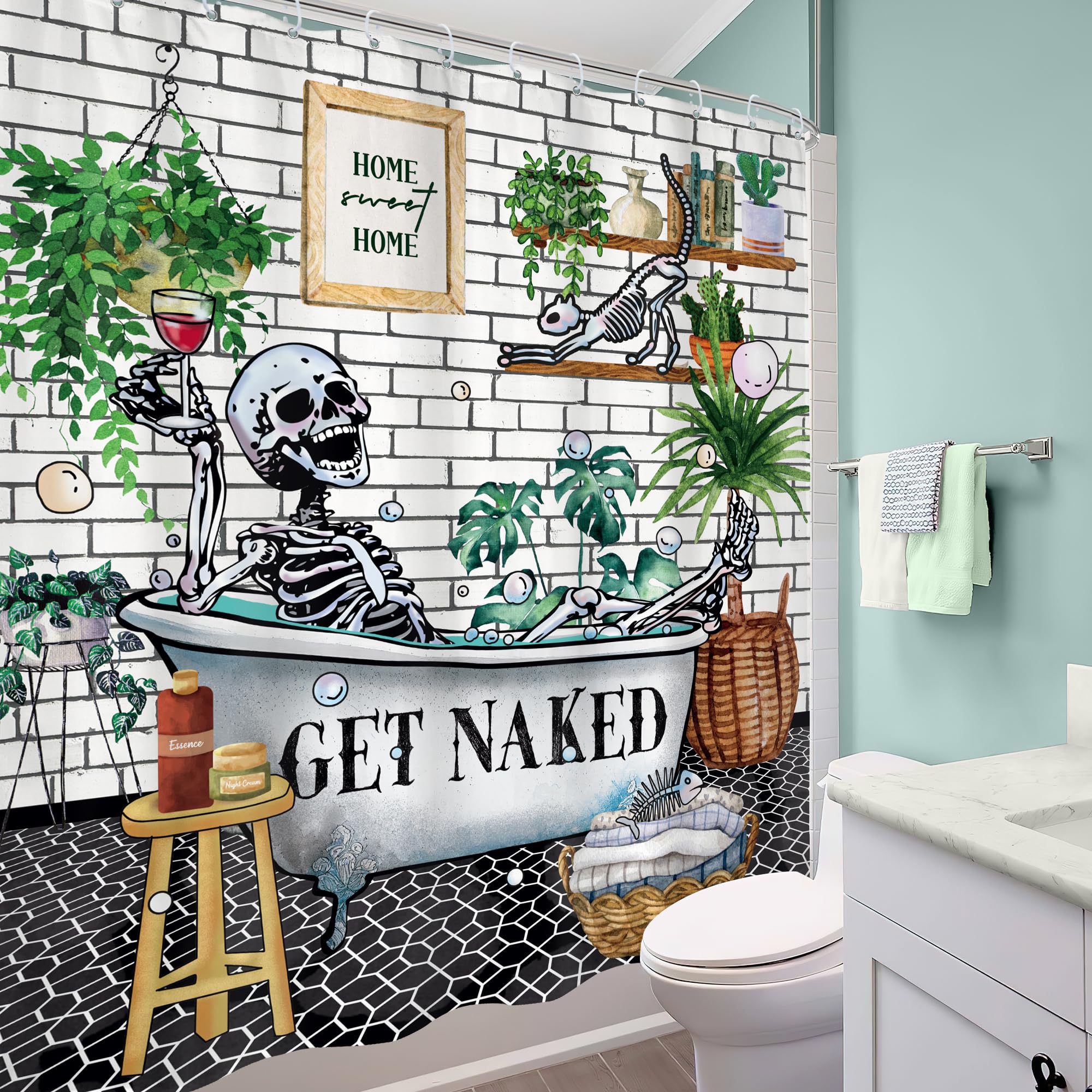 Mitpok Funny Skull Skeleton Shower Curtain 60Wx72H Gothic Rustic Tropical Plant Green Leaves Bone In Buthtub Bubble Cute Cat Bat