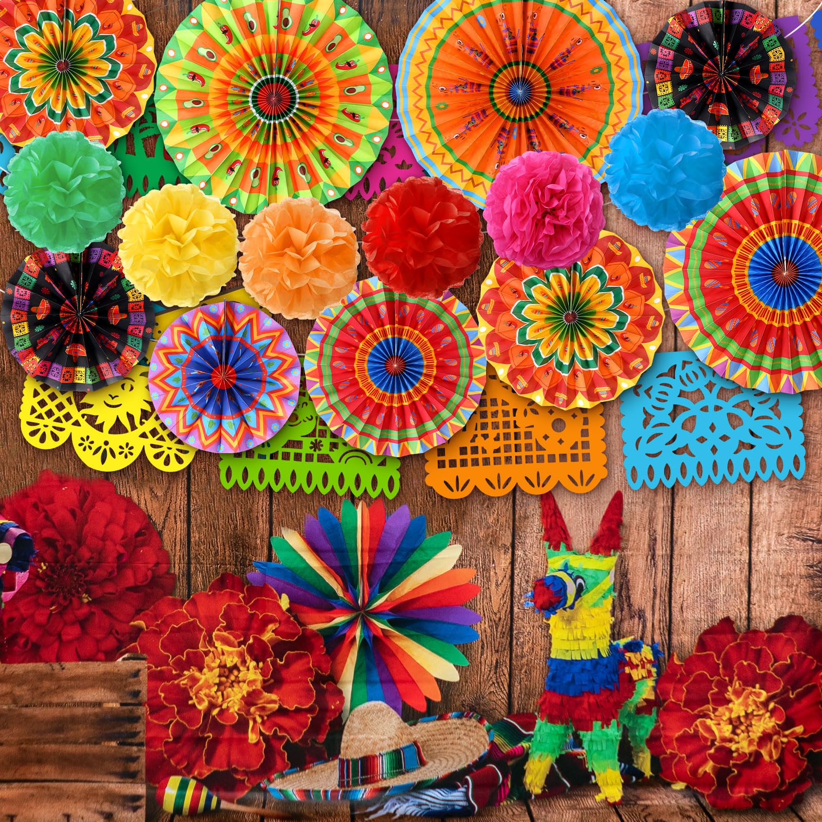 Outus 24 Pcs Mexican Fiesta Party Decorations Cinco De Mayo Decor Halloween Hanging Paper Fans Day of The Dead Banners Taco Tiss