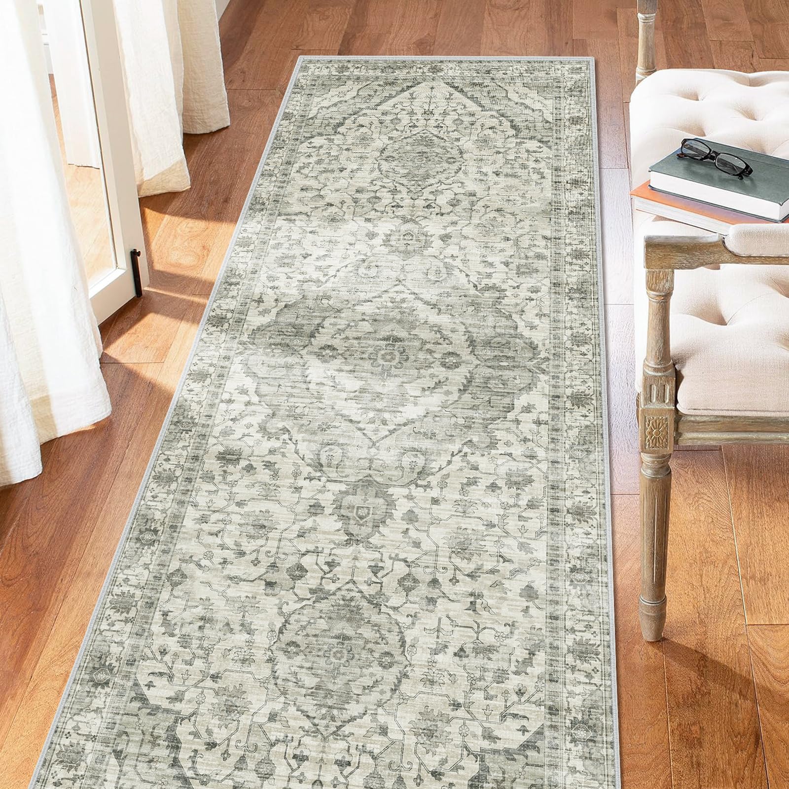 Deerly 3x8 Runner Rug Non Slip - Kitchen Washable Rug Runner with Non-Shedding, Boho Rugs Cream Runners Rug for Hallways Distres