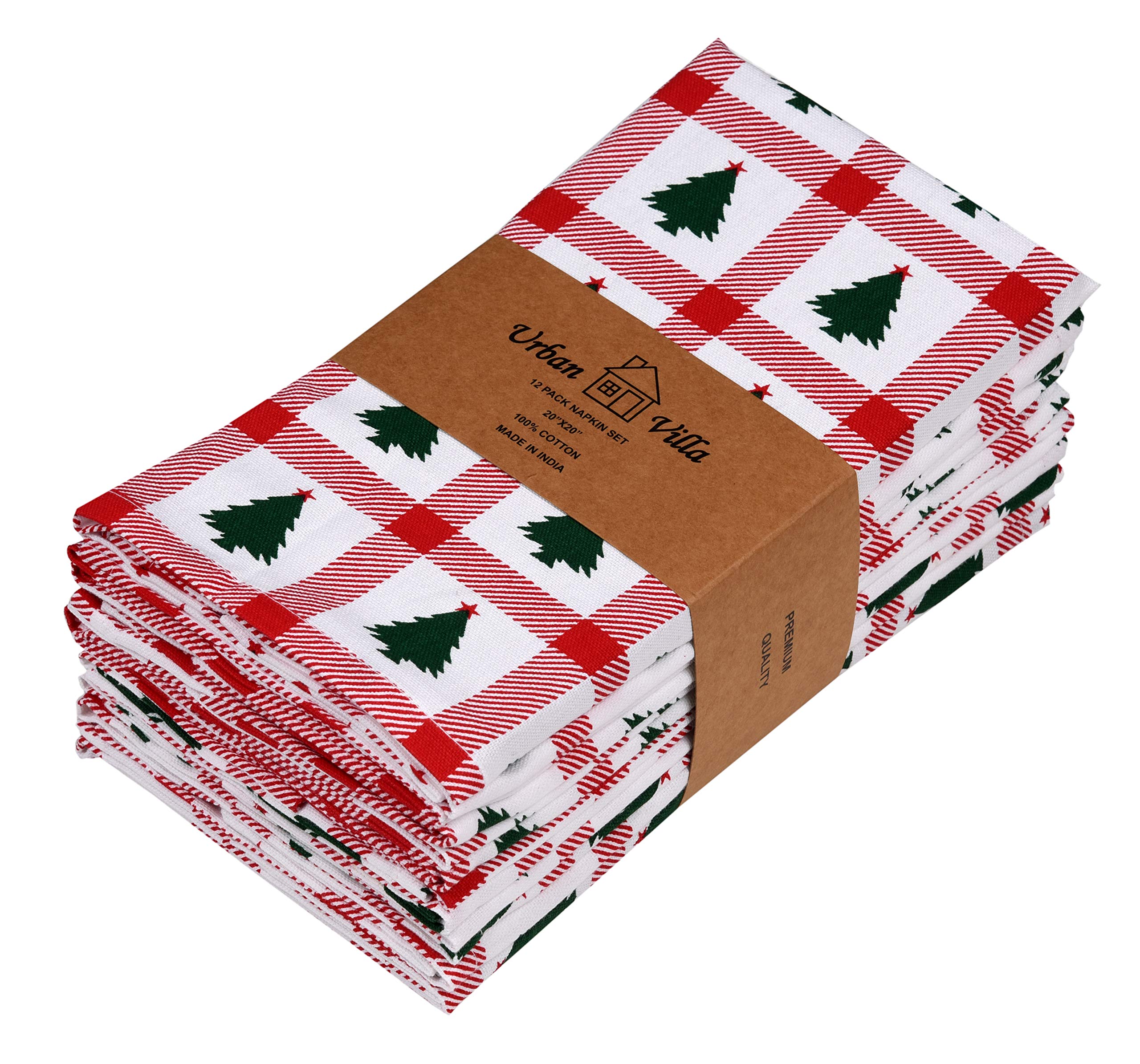 Urban Villa Christmas Dinner Napkins Christmas Tree Print Cloth Napkins Set Of 12 Red/Green/White Color Dinner Napkins 20X20 Inc