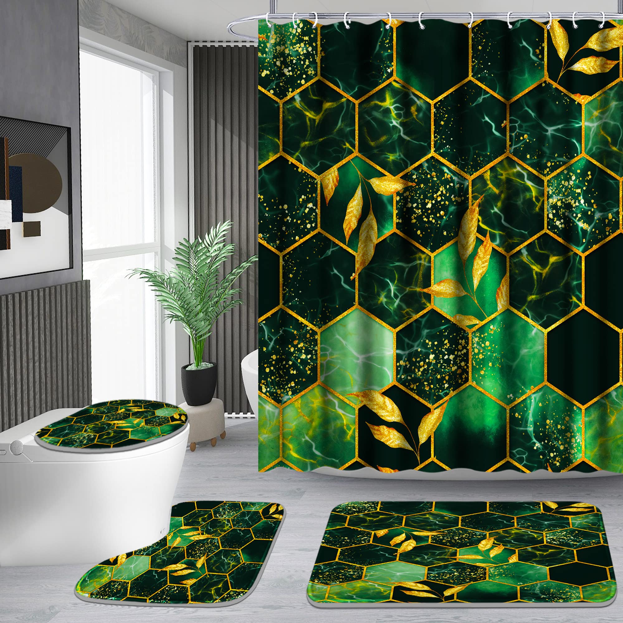 Poedist 4 Pcs Bathroom Shower Curtain Set,Green Honeycomb Marble Bathroom Sets With Rugs(Bath Mat,U Shape And Toilet Lid Cover M