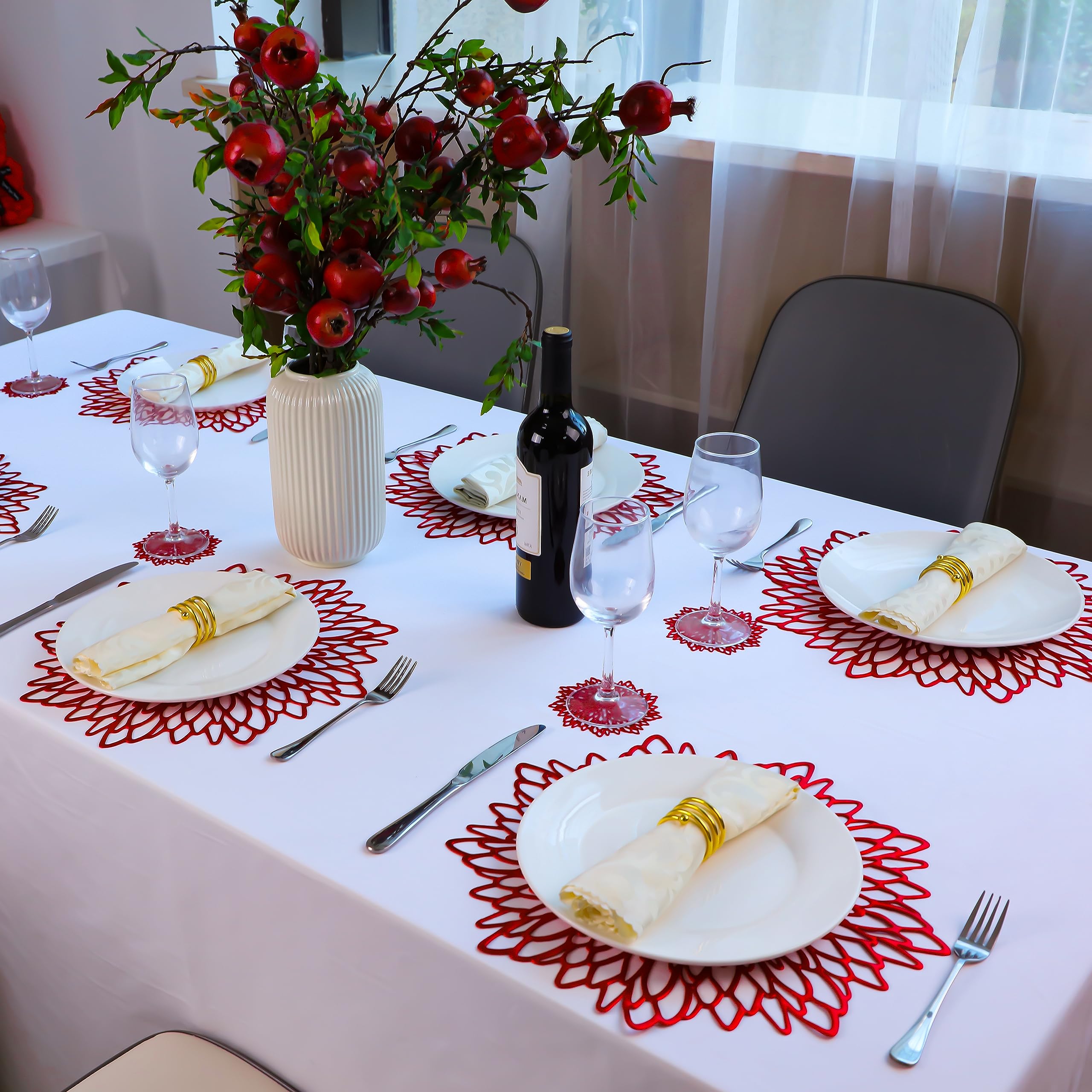 Snowkingdom 6 Pairs Red Placemats & Coasters 12 Pcs Metallic Shiny Pressed Vinyl Dinning Table Mats Round Leaf Decorative For Ch