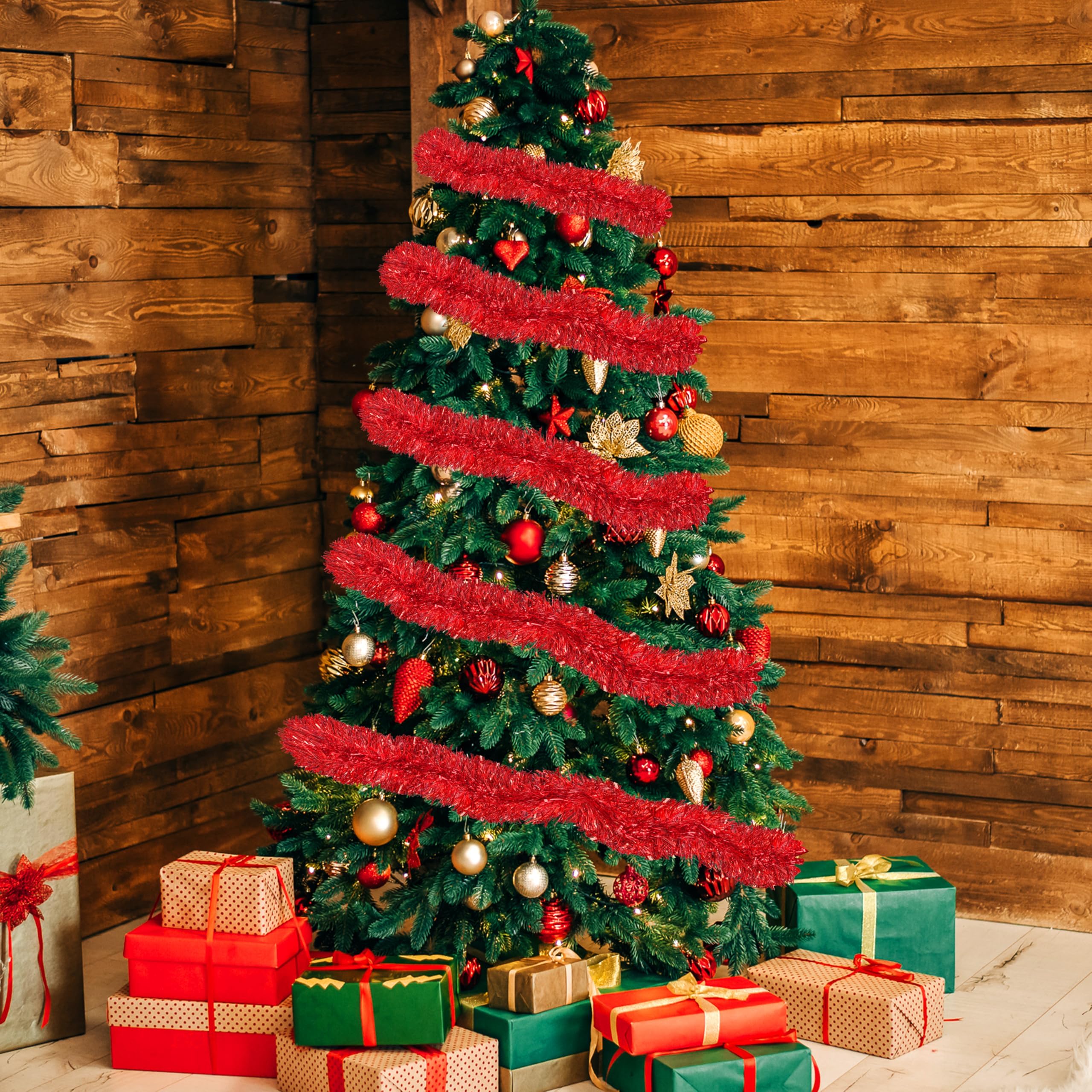 50 Ft Christmas Tinsel Garland Red Thick Tinsel Garland Xmas Tree Decorations Metallic Tinsel Twist Garland for Christmas, Birth