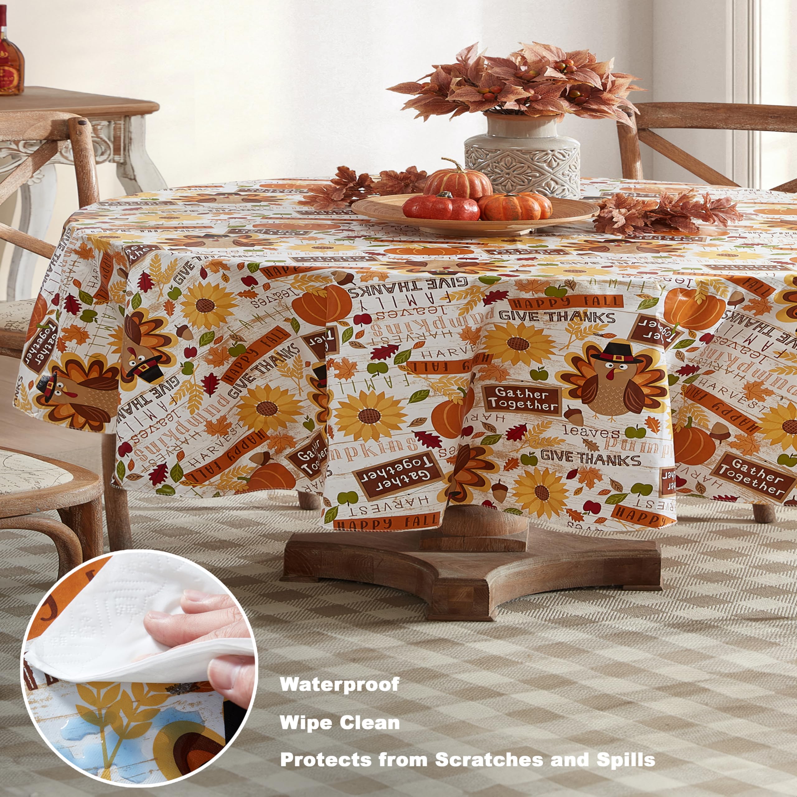 Newbridge Happy Thanksgiving Turkey Vinyl Tablecloth with Flannel Backing, 60 x 84 Inch Oval - Whimsical Fall Harvest Kitchen &
