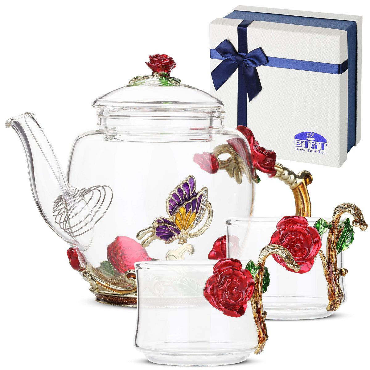 Btat- Floral Glass Tea Set, 2 Fancy Cups, 2 Oz, Tea Pot Glass, 13 Oz, Tea Pot, Glass Teapot, Small Glass Tea Set For Adults, Gla