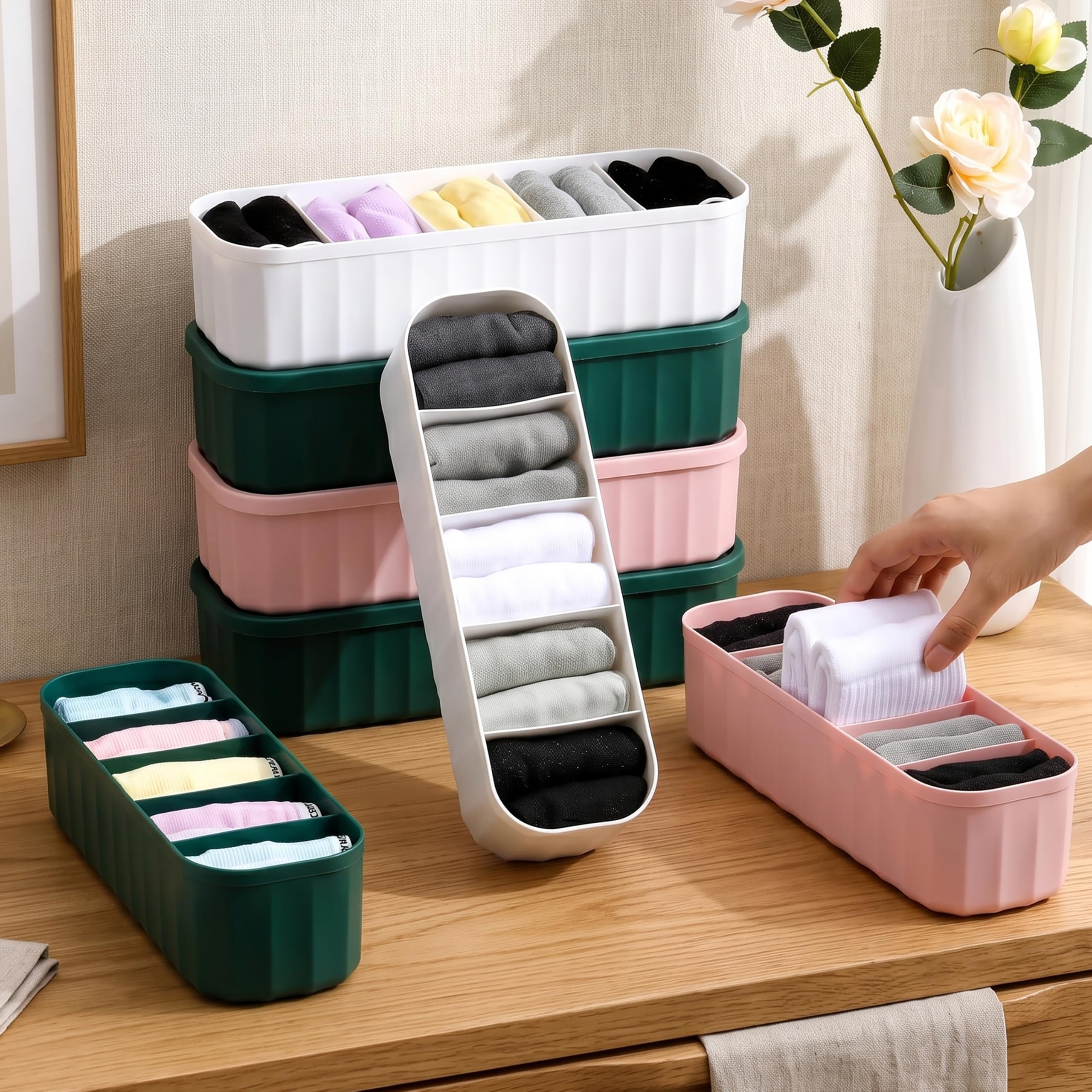Axilla Plastic Drawer Organizer Tray Set, Multipurpose Closet Storage Bins With 5 Compartments, Stackable Clothing Organizer For