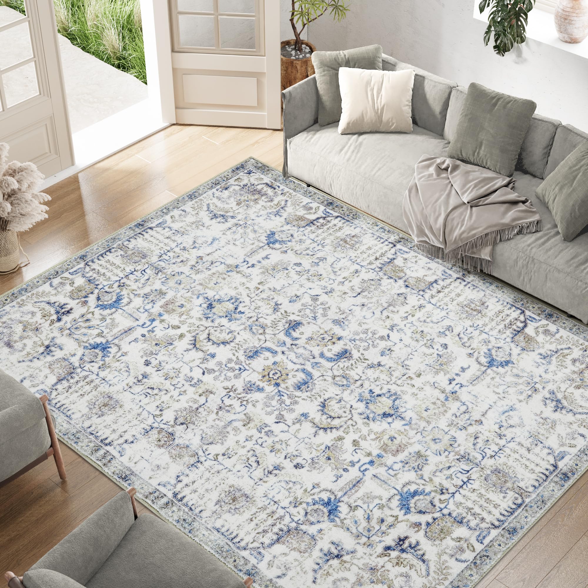 jinchan Area Rug 6x9 Washable Living Room Rug Soft Vintage Indoor Thin Retro Distressed Floor Cover Blue Floral Country Boho Rug