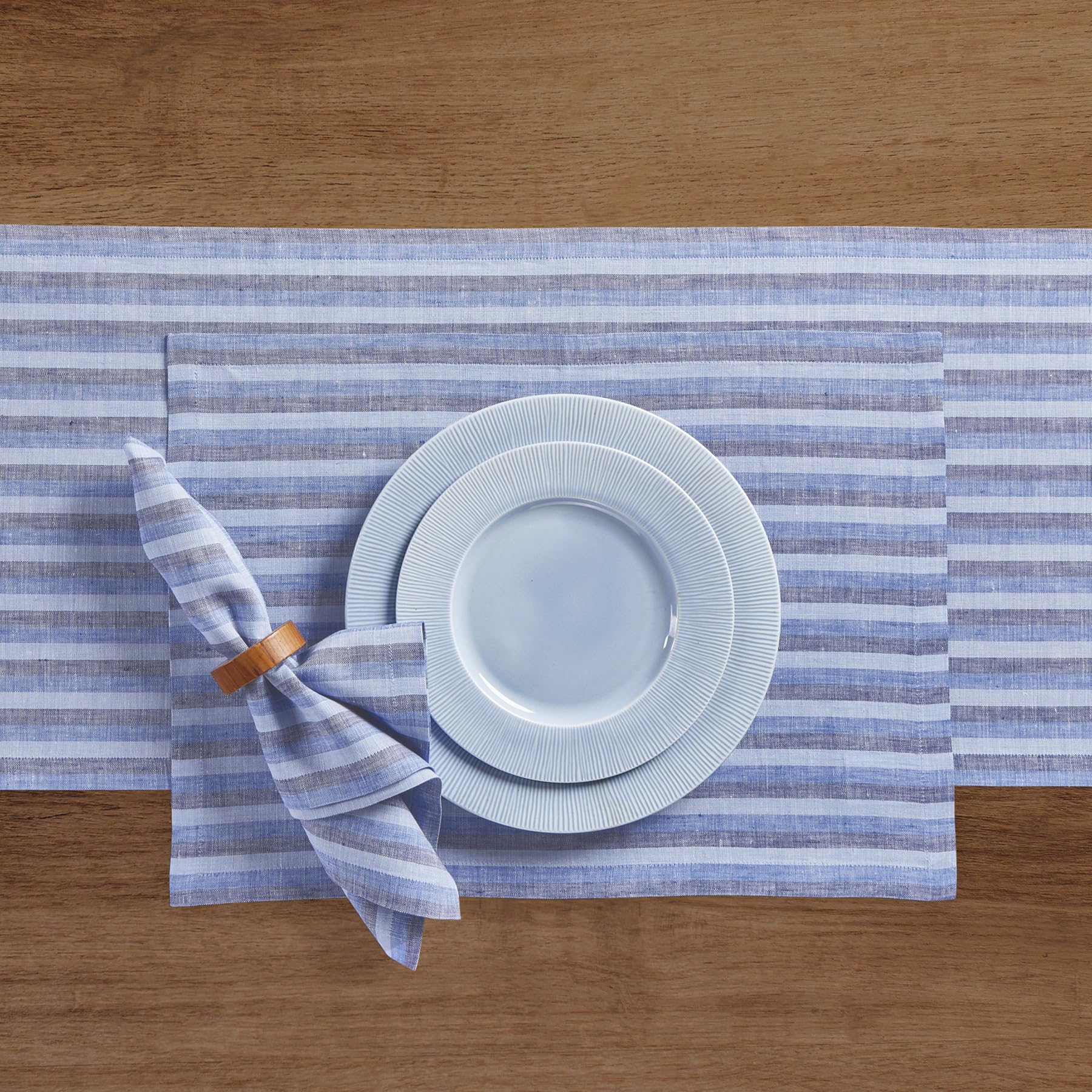 Solino Home Stripe Linen Placemats 19'' L X 14'' W - 100% Pure Linen Bistro Blue Cloth Placemats Set Of 4 - Amalfi Stripe, Washa
