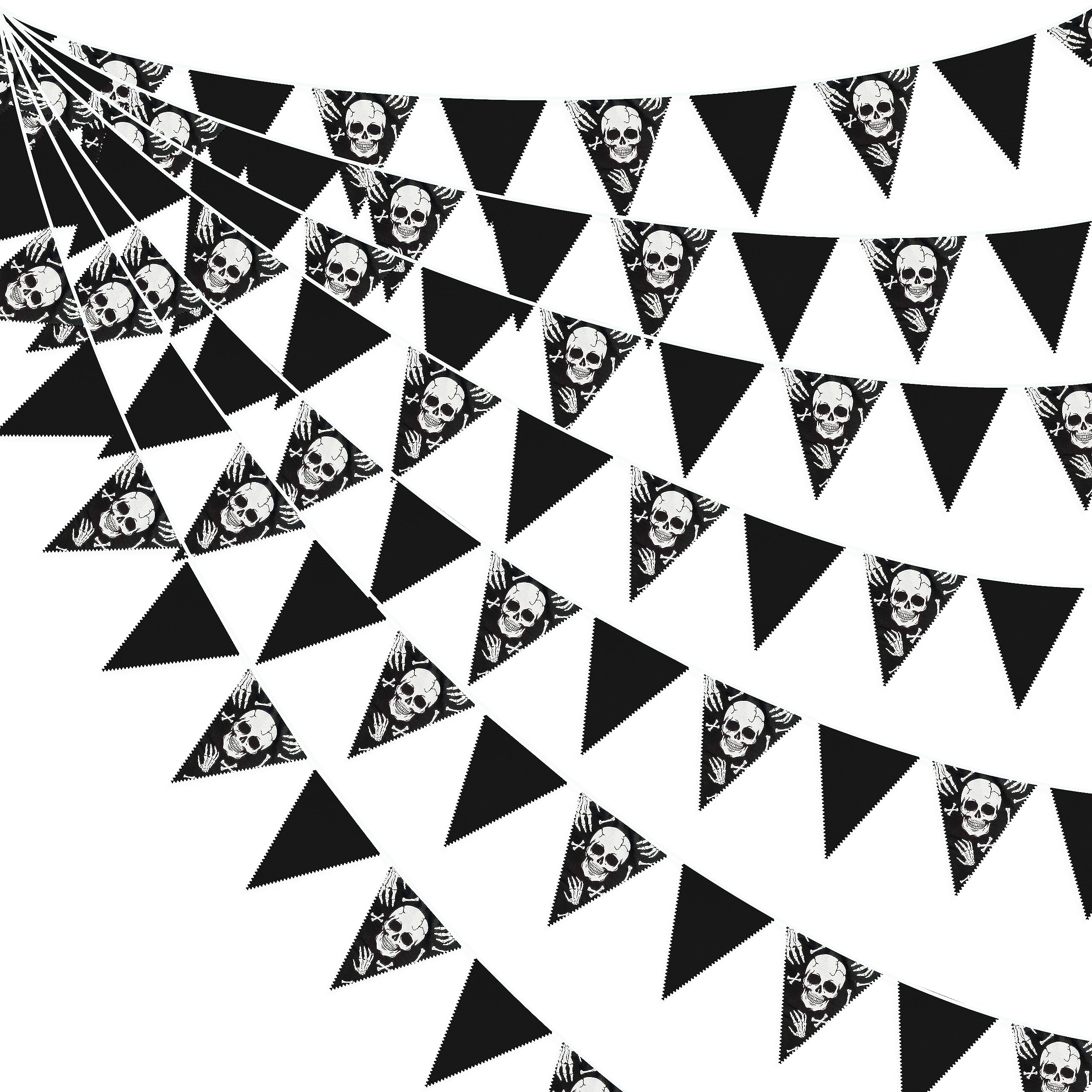 32Ft Black White Halloween Party Decorations Skull Fabric Pennant Pirate Banner Triangle Flag Bunting Garland Streamers For Hall