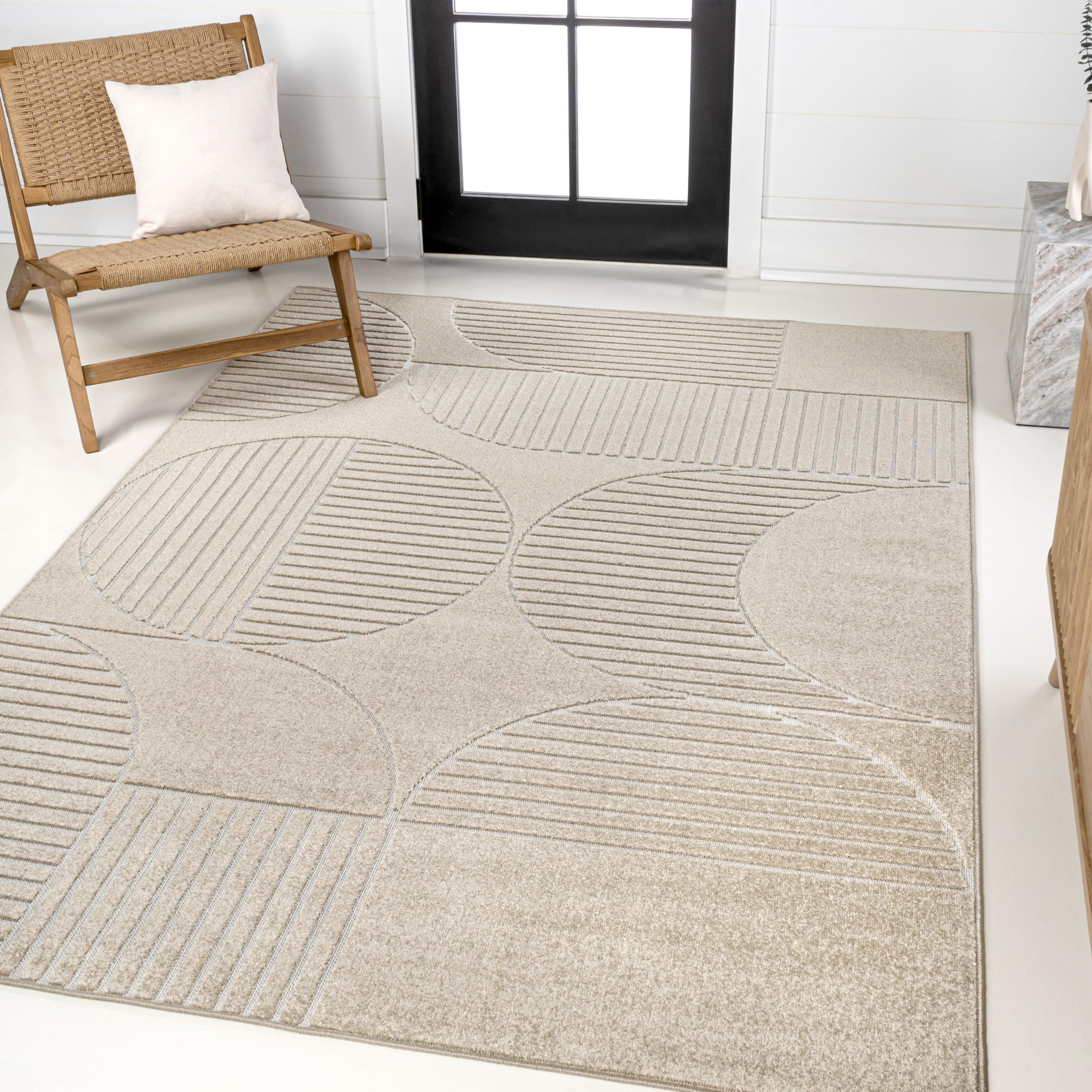 JONATHAN Y SCN104E-3 Nordby High-Low Geometric Arch Scandi Striped Beige/Cream 3 ft. x 5 ft. Indoor/Outdoor Area Rug for Patio, 