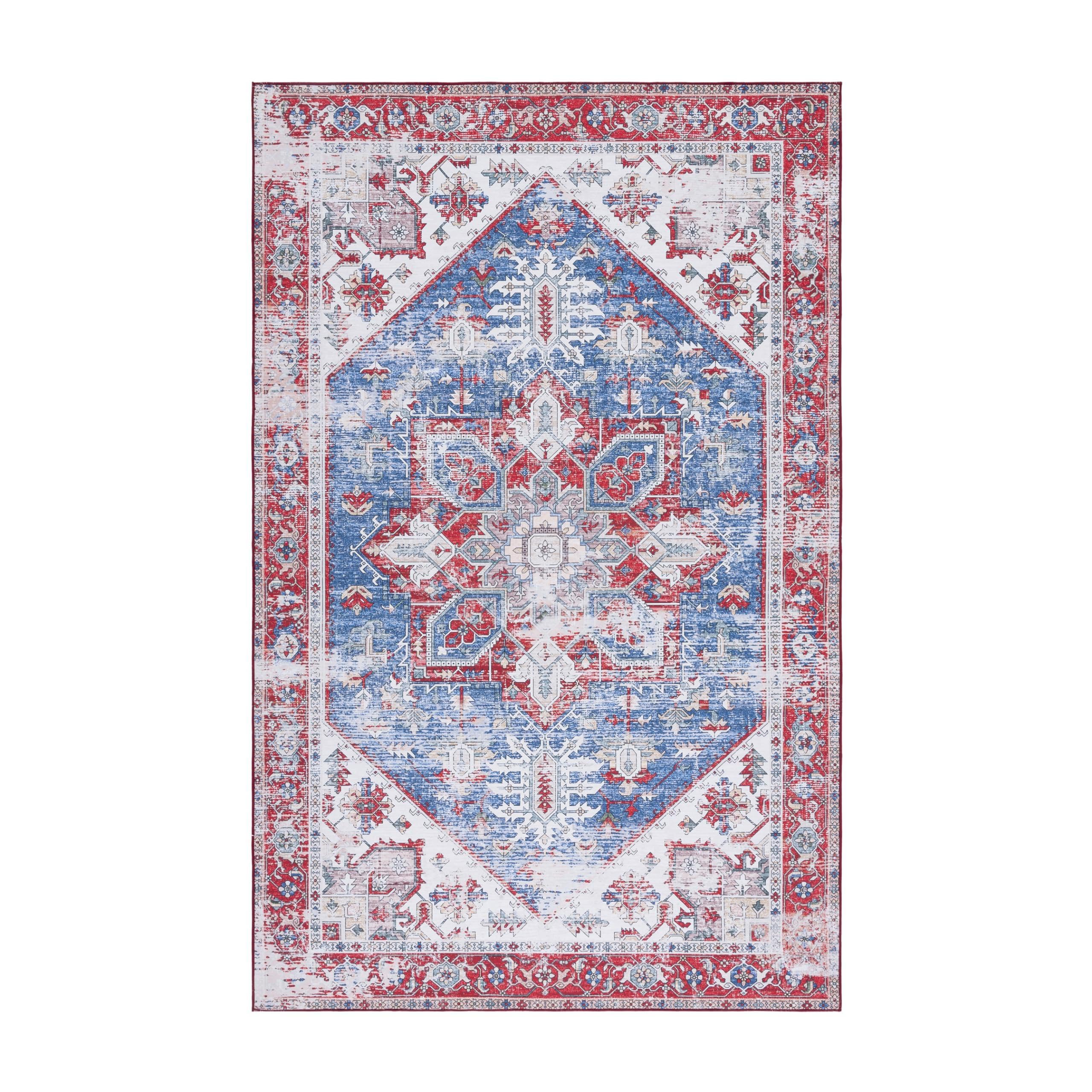 SAFAVIEH Washable Rug Tucson Collection - 9 x 12, Blue & Red, Slip Resistant, Ideal for High Traffic Areas in Living Room, Bed