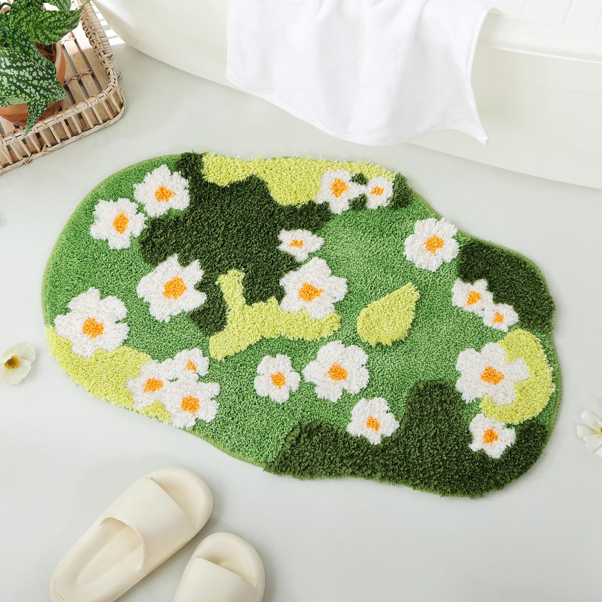 Yikush Bathroom Rugs For Living Room Green Moss Rug Cute Bath Mat With Small Flower Non Slip Bath Mats For Bathroom Floral Washa