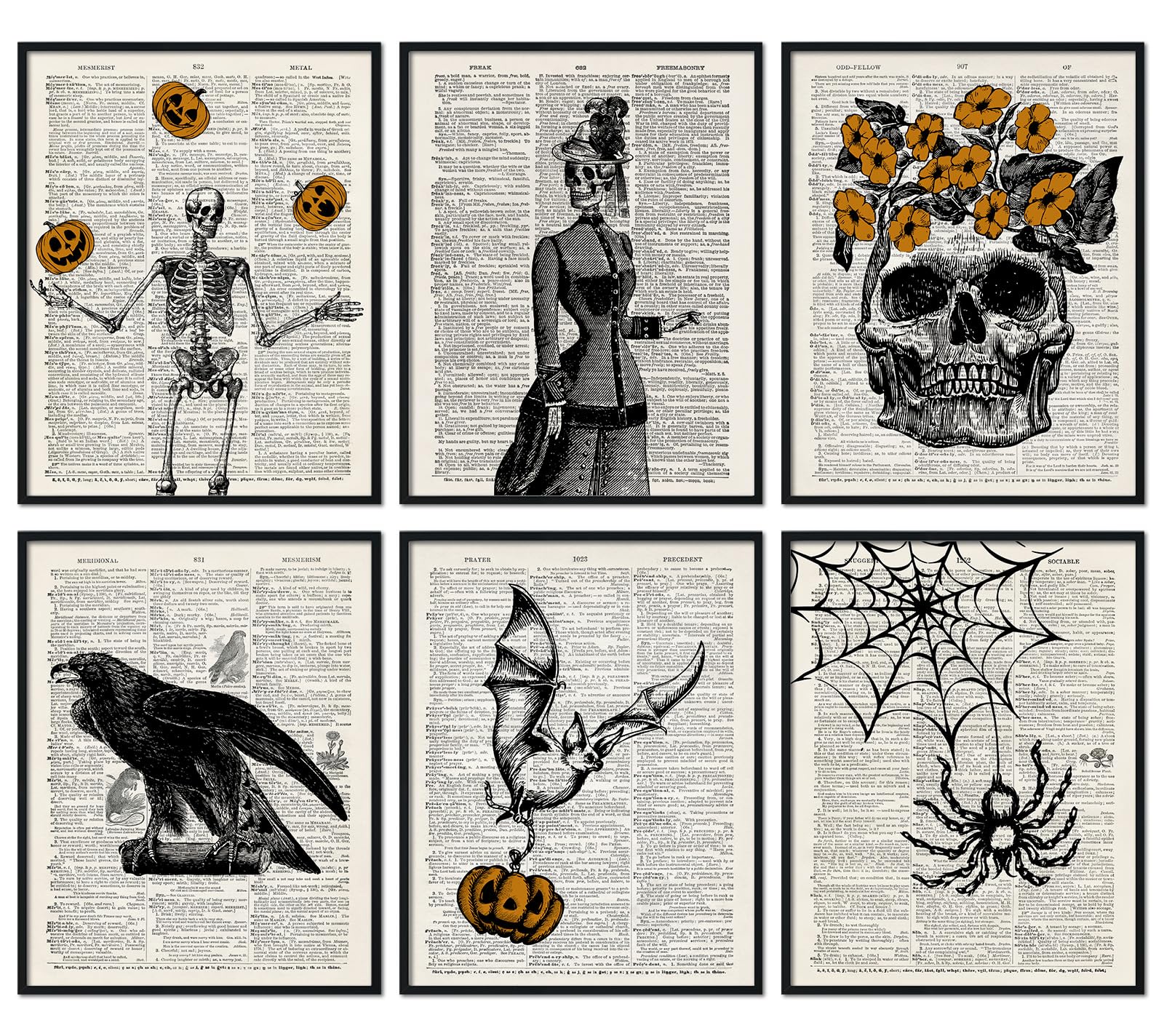 Whaline 6Pcs Halloween Skeleton Wall Art Prints 11 X 14 Inch Spooky Gothic Wall Art Poster Bat Witch Halloween Vintage Wall Deco