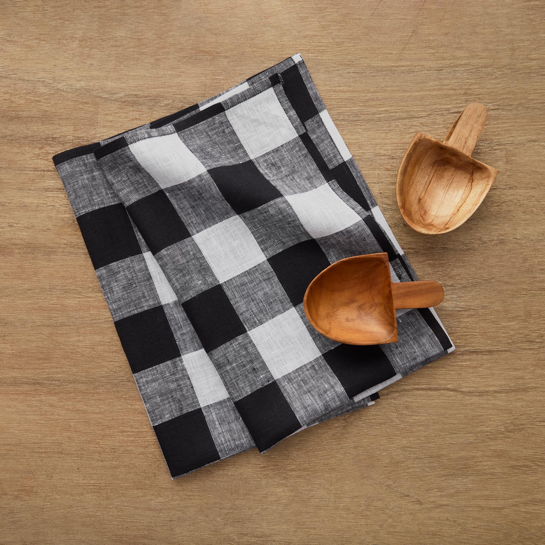 Solino Home Linen Kitchen Towels Set Of 2 - Black And White 17 X 26 Inch - 100% Pure Linen Buffalo Check Kitchen/Tea Towels - Ma