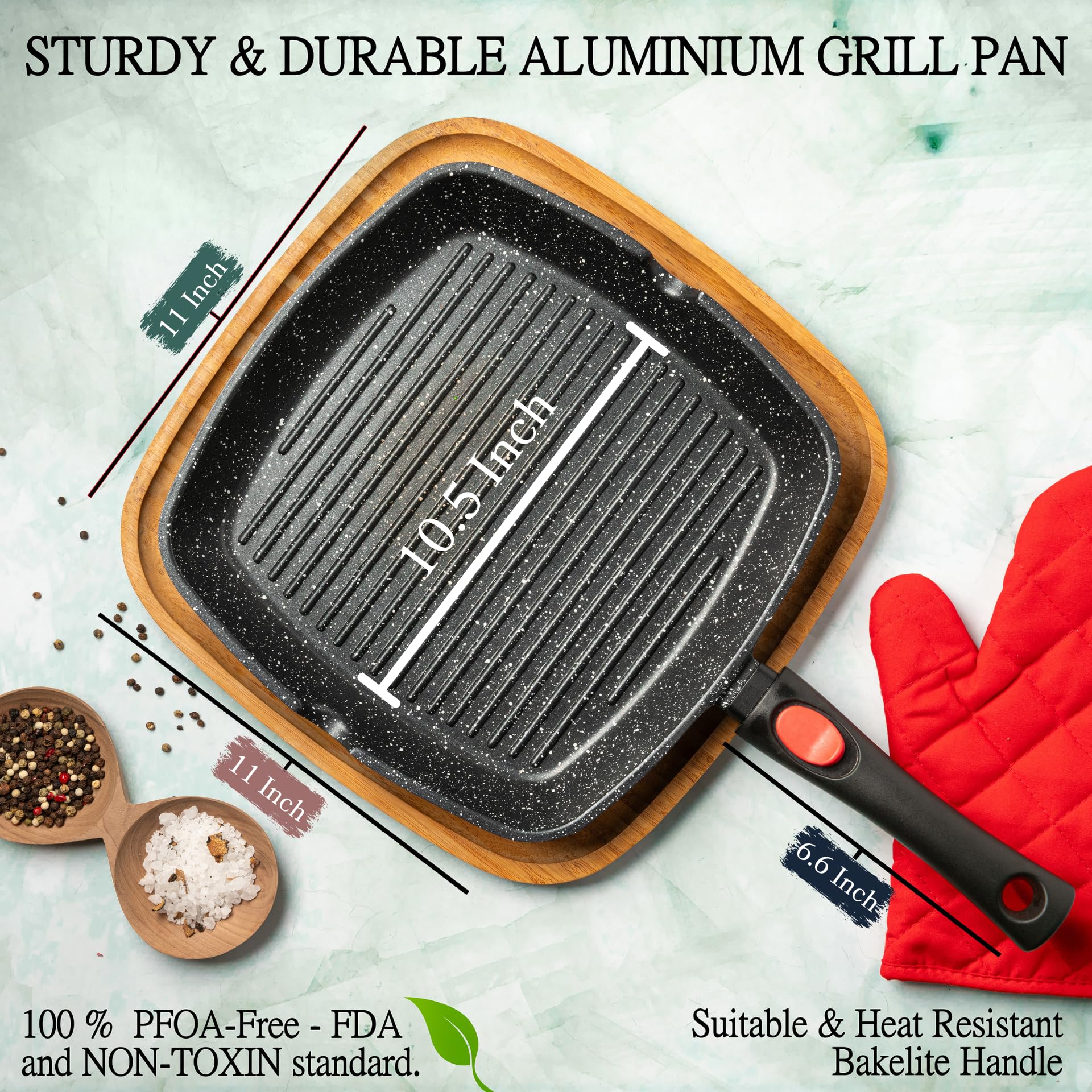 Moss & Stone Square Grill Pan For Indoor Cooking, Die Casting Aluminum Grill Pan, Removable Handle Nonstick Stove Top Grill Pan