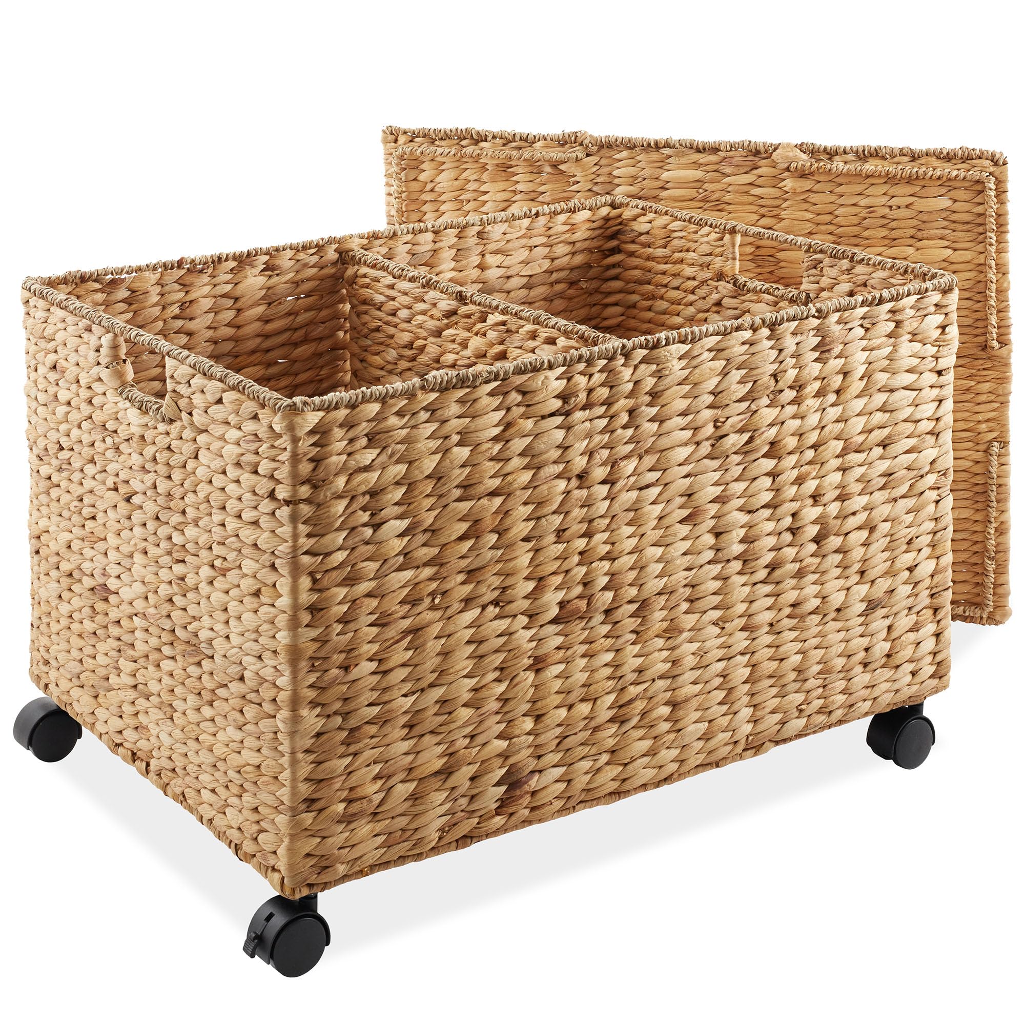 Casafield Rolling Storage Basket Cart with Lid and Locking Wheels, Natural - Handwoven Water Hyacinth Divided Recycling Sorting 