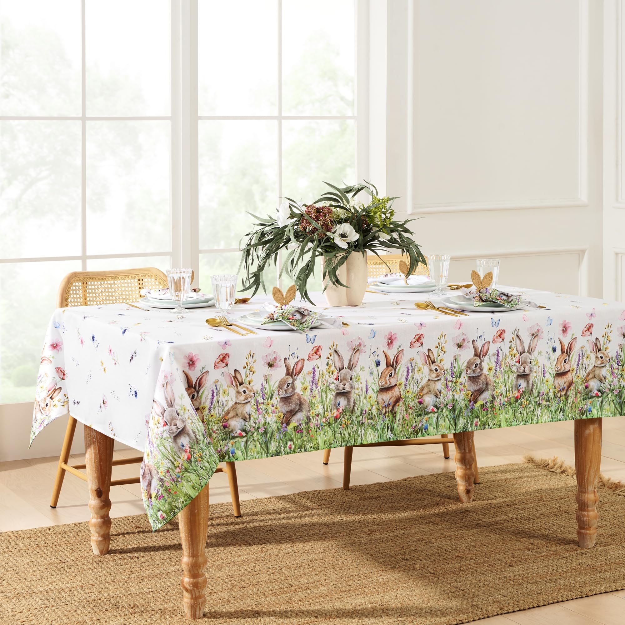 Elrene Home Fashions Bunny Blossom Spring/Summer Wrinkle Resistant Easter Dining Tablecloth, 60x144 Rectangle