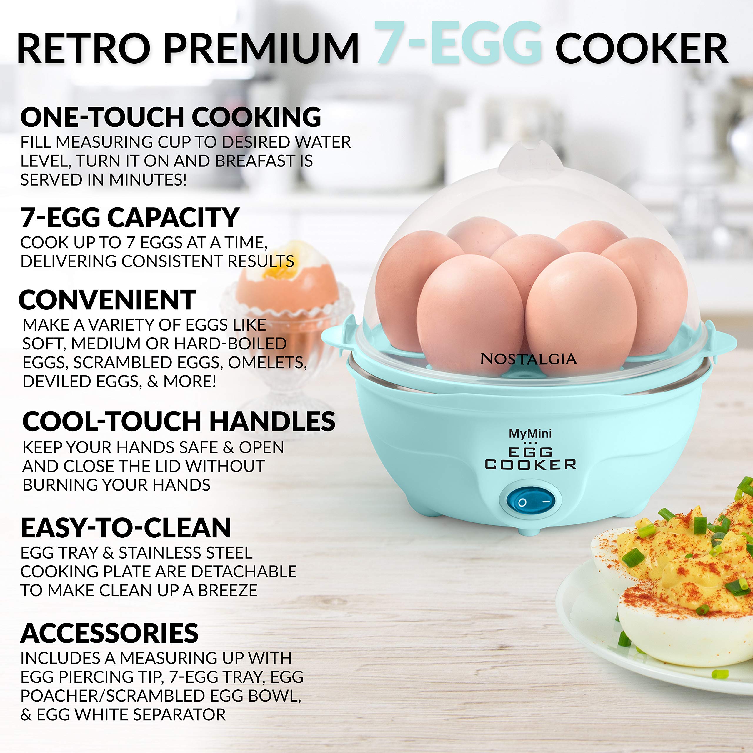 Nostalgia Retro Electric Large Hard-Boiled Egg Cooker, 7 Capacity, Poached, Scrambled, Omelets, Whites, Sandwiches, For Keto & L