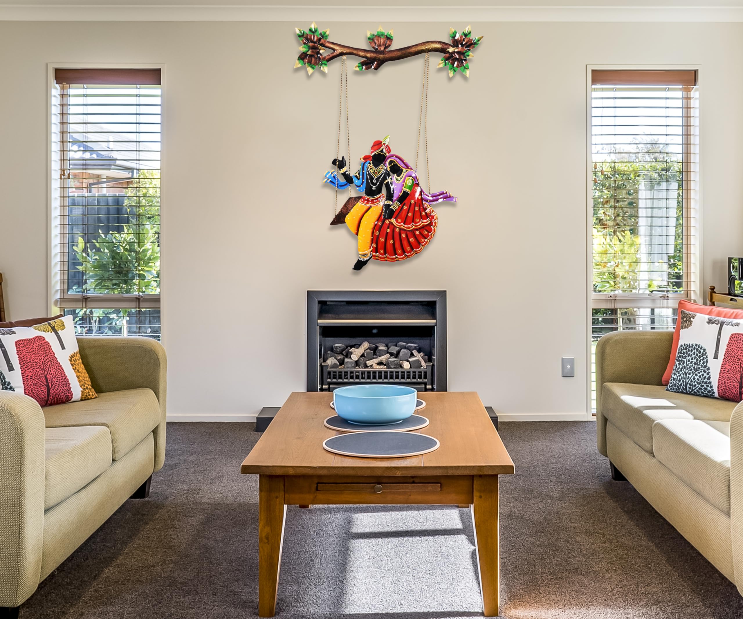 CRAFTBEE Handcrafted Metal Radha Krishna on Jhula Wrought Wall Hanging Figurine Showpiece Rajasthani Gift for Home Decor & Livin