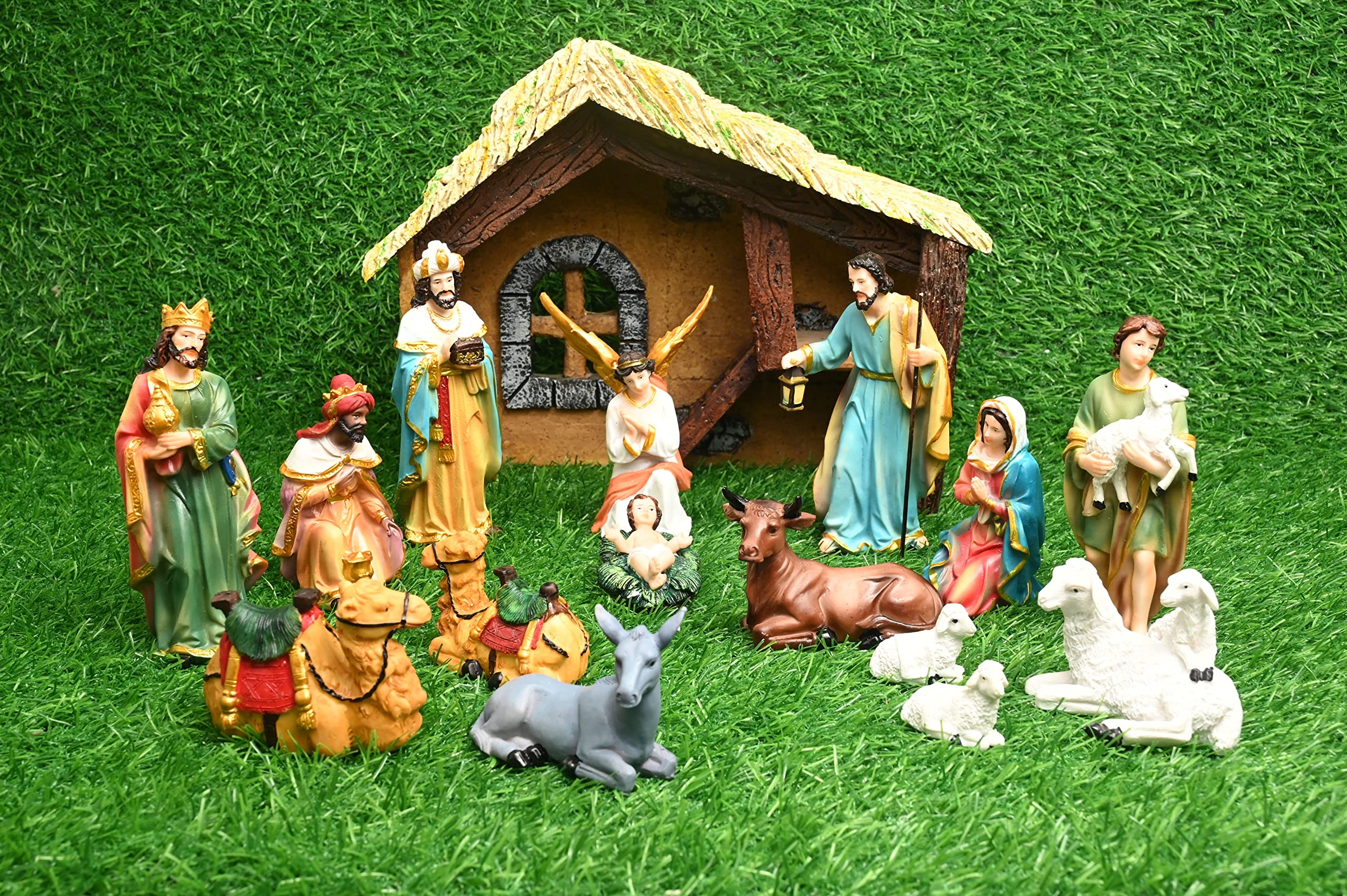 Karighar Nativity/Crib Idols Set Of 16 Pieces (8 Inch)[Pack  Crib House, Mary, Joseph, Baby Jesus, Angel, 3 Wise Men, The Sheph