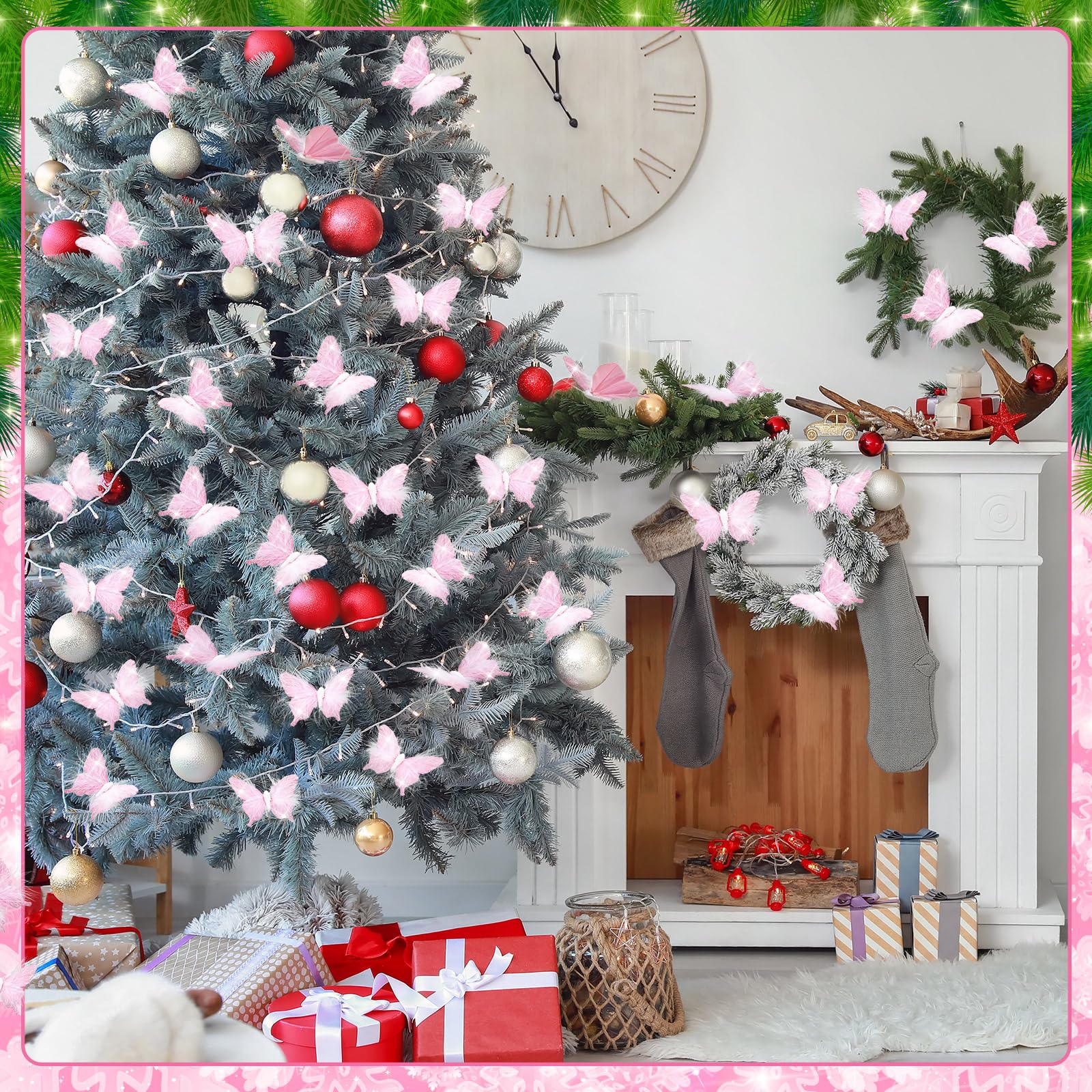 Knitgrip 24 Pcs Christmas Tree Glitter Butterflies Ornaments White Feather Butterfly with Glitters Clip on Artificial Butterflie