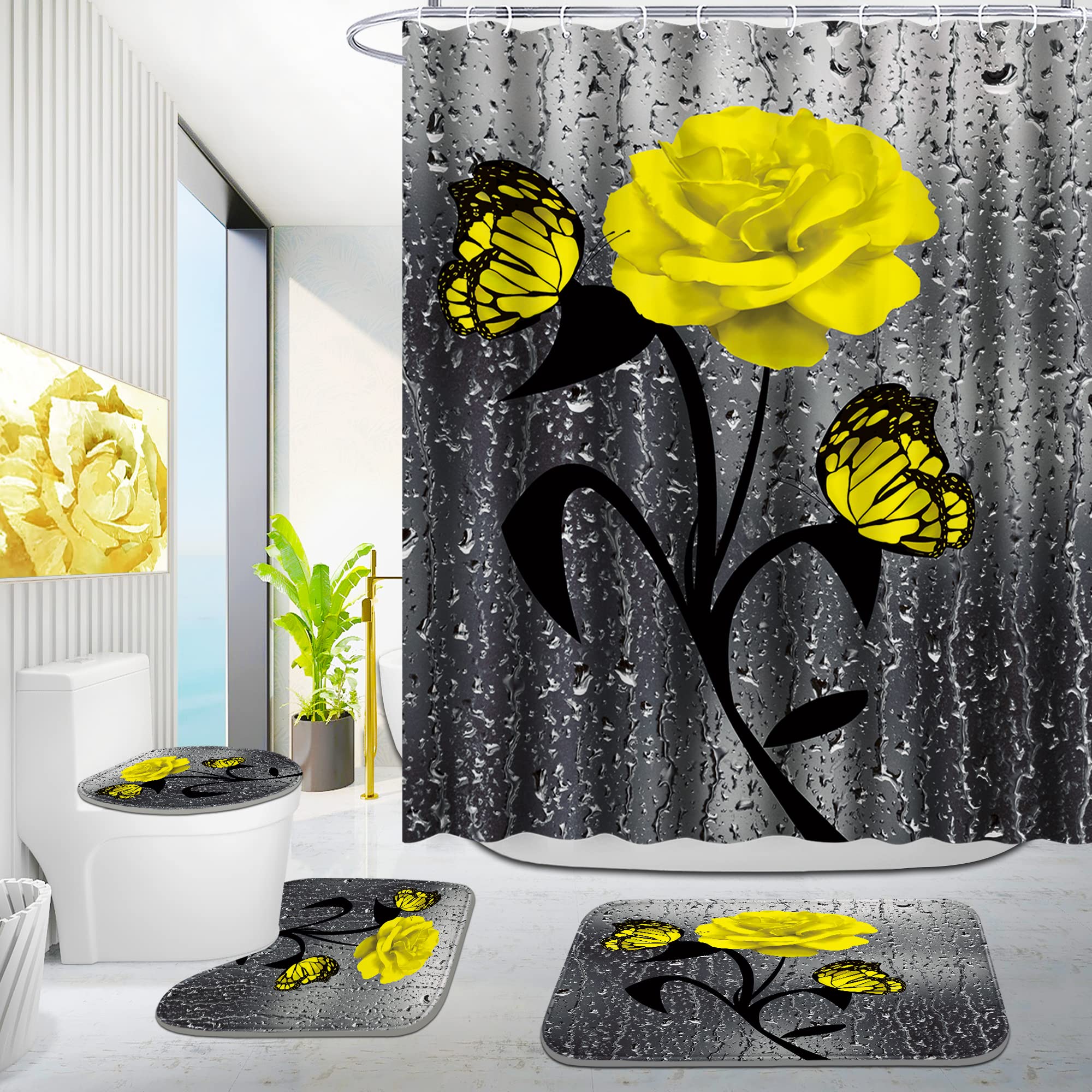 Poedist 4 Pcs Bathroom Set,Yellow Rose Shower Curtain Sets, Romantic Shower Curtain Sets With Rugs(Bath Mat,U Shape And Toilet L