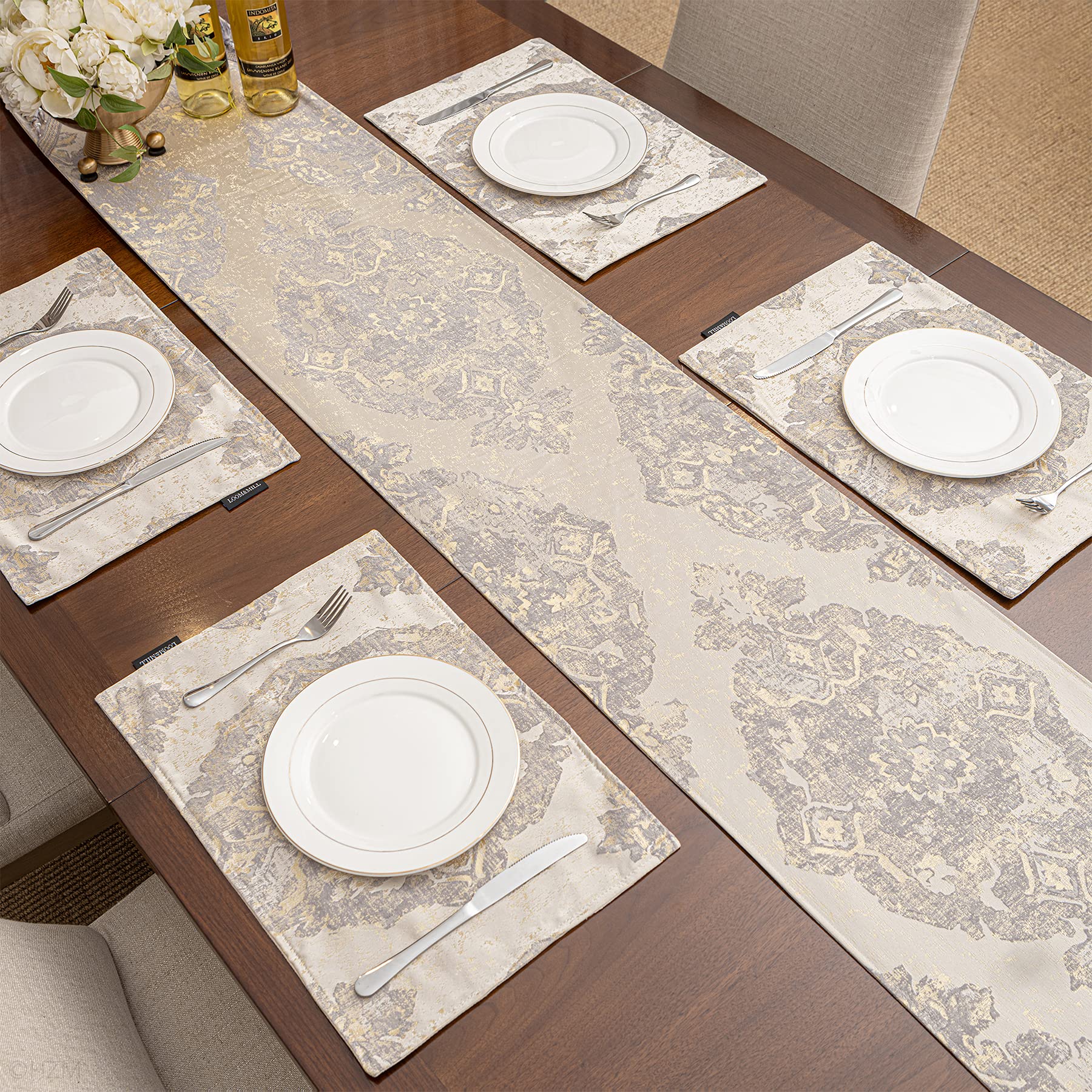 Loom And Mill Luxury Placemats, Set Of 4 Classic Damask Jacquard Table Place Mats For Dining Table Kitchen Room Holiday Banquet